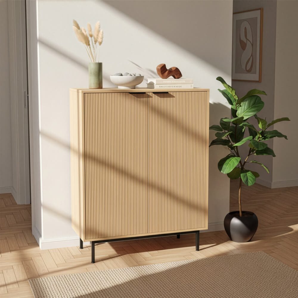 HOME DELUXE Highboard Sideboard NYLA, 115 x 42 x 90 cm gerillte Front, Hochschrank, Hochkommode