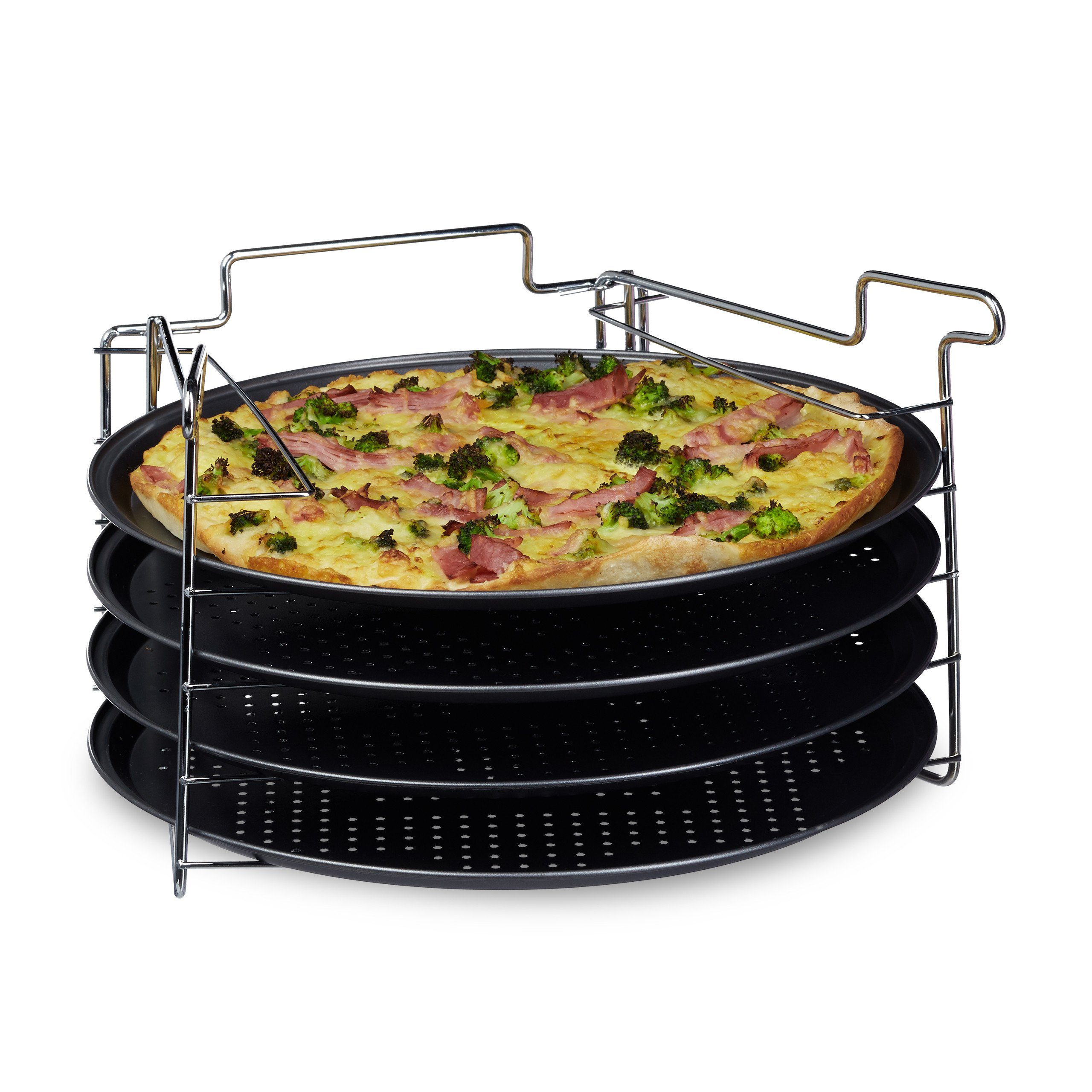 relaxdays Pizzablech 4er Set mit Ständer, Eisen, (4-St)