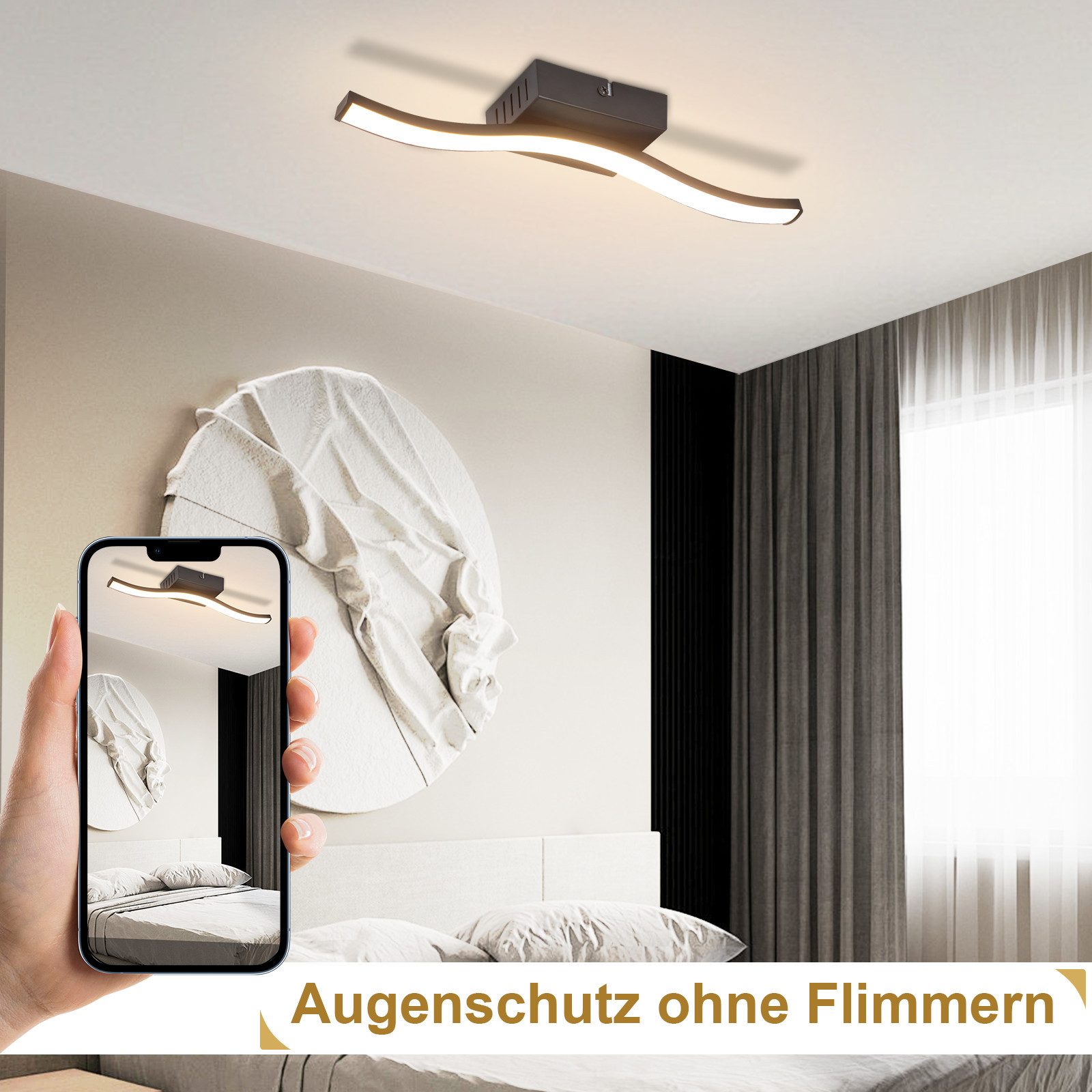 ZMH LED Deckenleuchte Wohnzimmer Schwarz Wellen Design Modern Deckenlampe 3000K Flur Küche, Warmweiß, 6/12W Küchenlampe Innen Schlafzimmerlampe