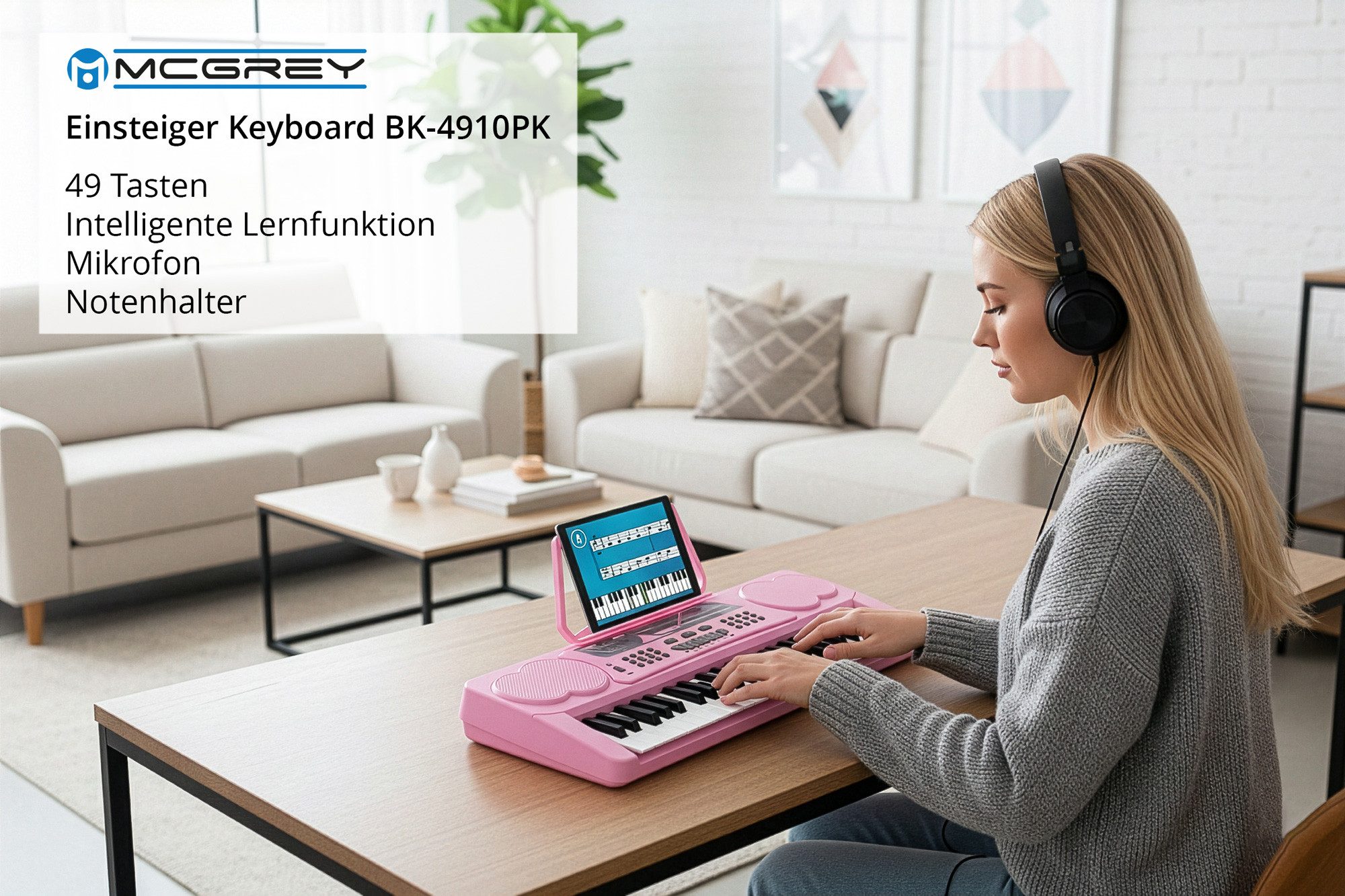 McGrey Home-Keyboard BK-4910 Einsteigerkeyboard mit 49 Tasten und Kopfhörer (Spar-Set, inkl. Mikrofon, Kopfhörer & Notenständer), mit 16 Sounds, 10 Rhythmen und Lernfunktion