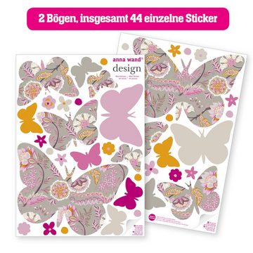 anna wand Wandsticker Blumen & Schmetterlinge Beige/Rosa/Orange (2 DIN A3 Bögen, 44 Wandtattoos aus Vliestapete), Hergestellt in Deutschland