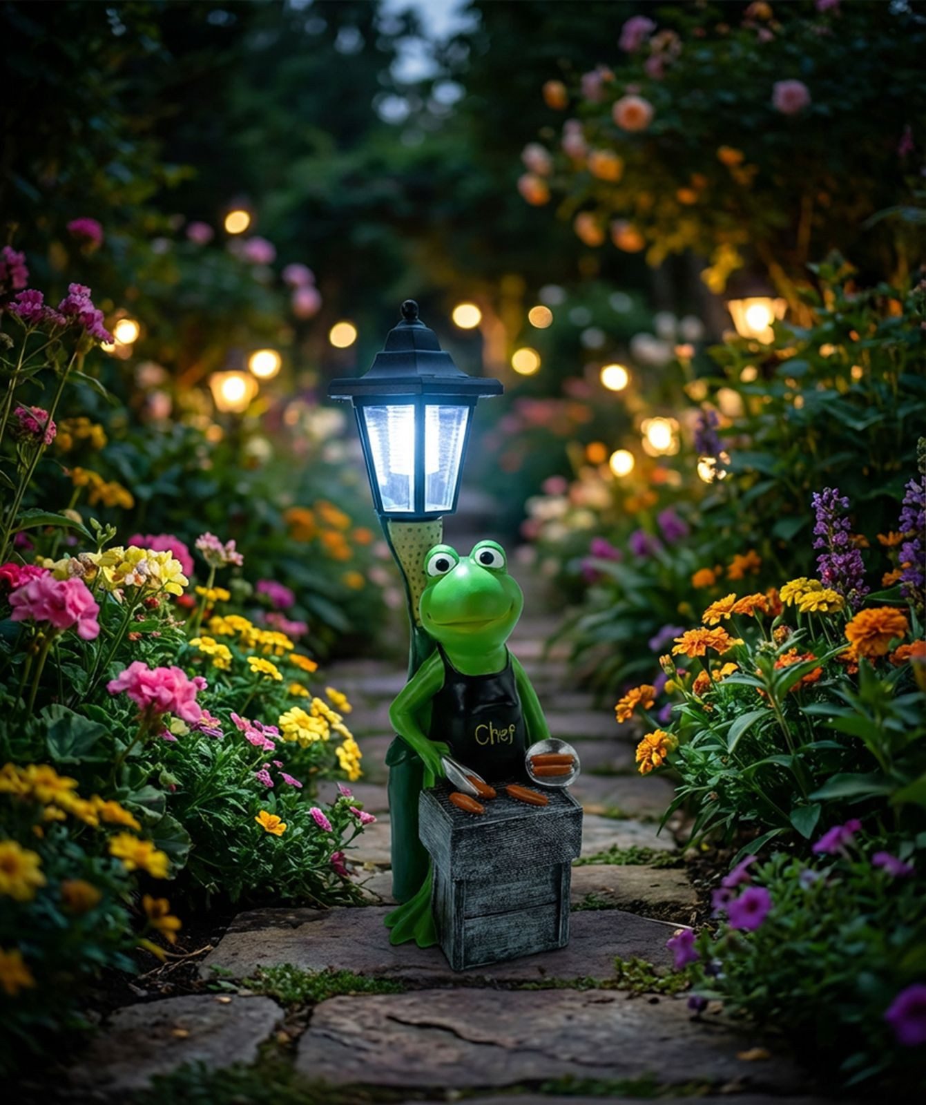 Kremers Schatzkiste Gartenfigur XXL Frosch Grillmeister LED Solarlaterne 42x14cm handbemalt