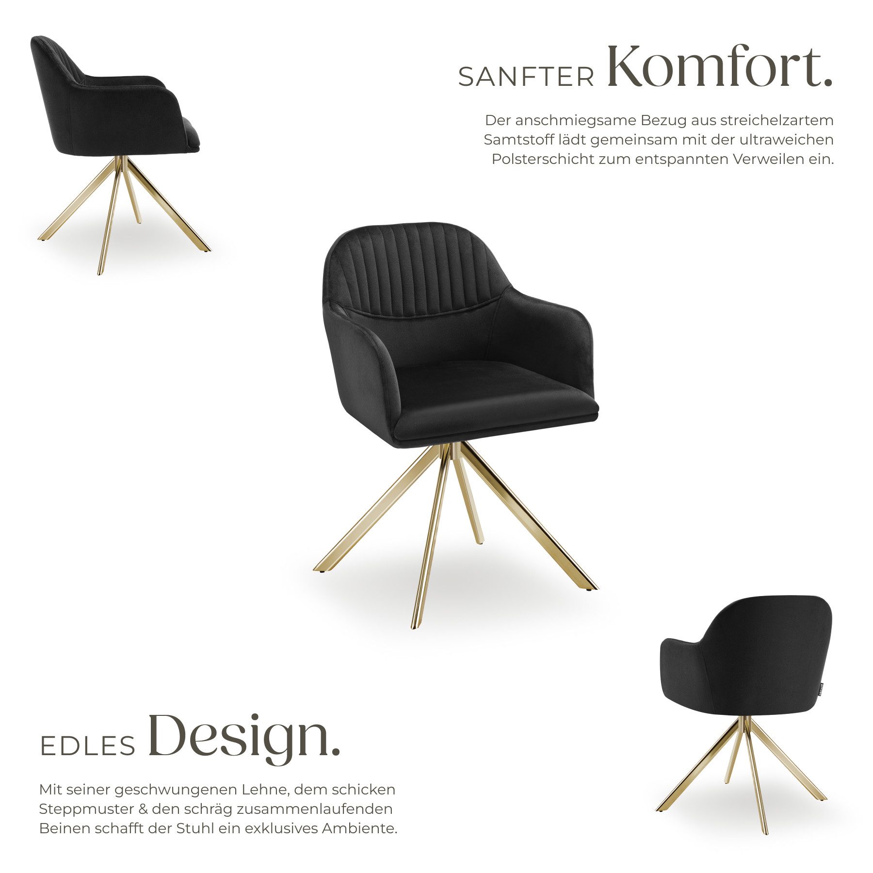 tectake Esszimmerstuhl Samt-Drehstuhl gepolstert, mit durchgehender Lehne, 56 x 59 x 81 cm (Bürostuhl Lona in schwarz/gold, 6 St), 360° drehbar, schlanke Stahlb – Bild 3 von 5