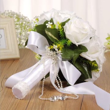 Kunstblumenstrauß Brautstrauß Hochzeit Koreanischer Stil Weiß Falsche Rosen Brautstrauß, HIBNOPN