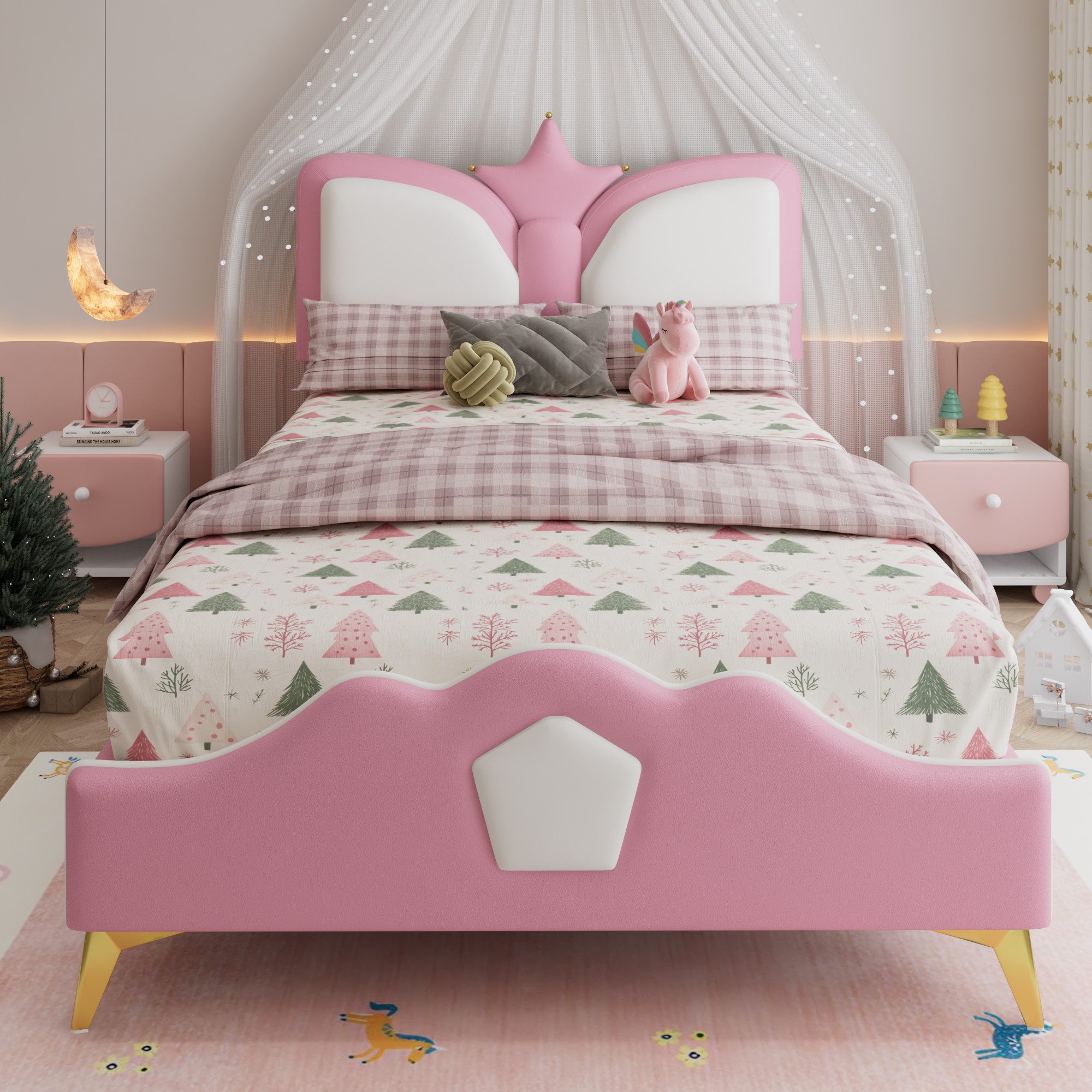 Flieks Polsterbett, Kinderbett Einzelbett 90x200cm mit Kronenform Kopfteil