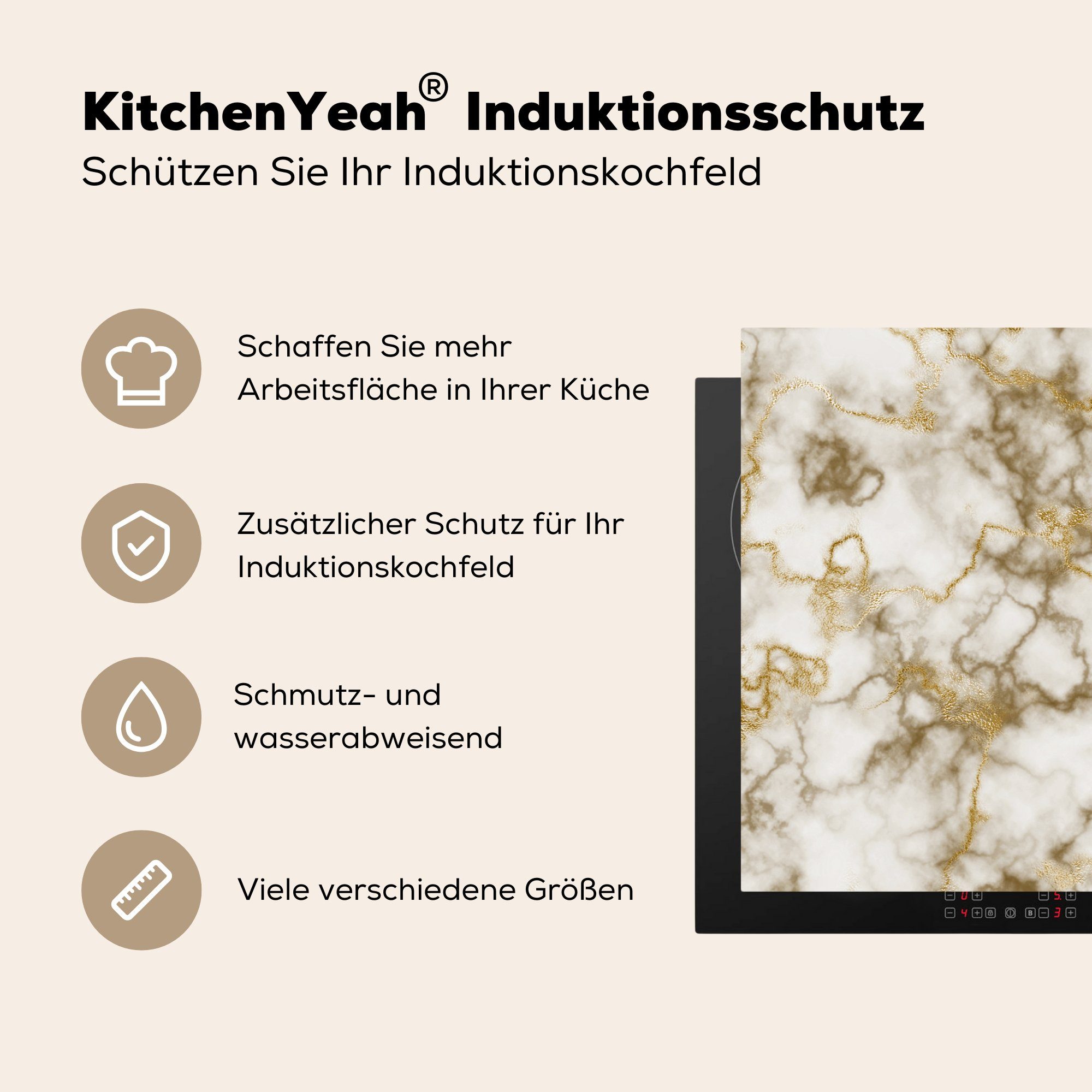 Gold, Schutz Herdblende-/Abdeckplatte - (1 - Induktionskochfeld cm, Marmor Ceranfeldabdeckung für 81x52 Gelb MuchoWow tlg), die küche, Vinyl,