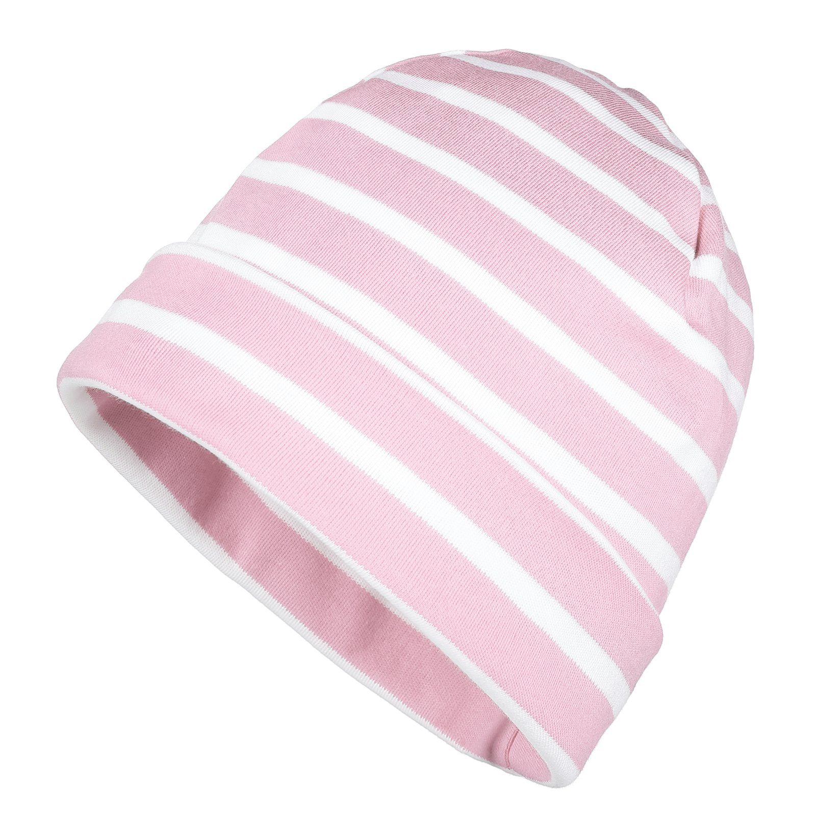modAS Strickmütze Unisex Mütze Streifen für Kinder & Erwachsene - Ringelmütze Baumwolle (14) rosa / weiß