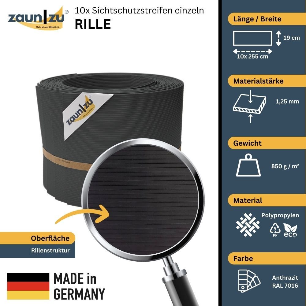 zaunzu Sichtschutzstreifen Rille 10x Einzelstreifen 2,55m günstig online kaufen