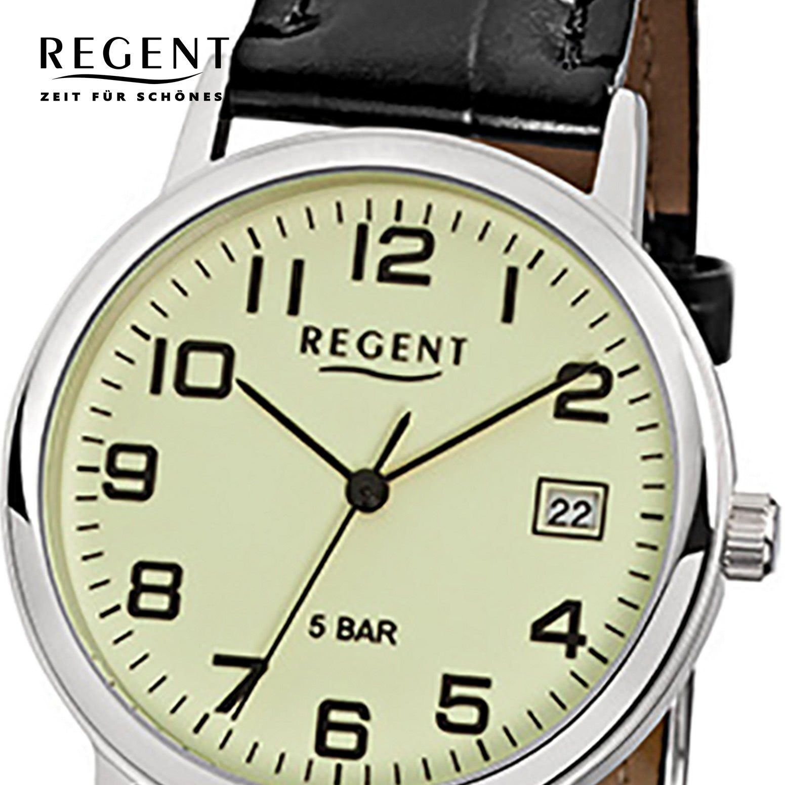 Lederarmband Herren Quarzuhr mittel schwarz (ca. Analog, 34mm), Herren-Armbanduhr rund, Regent Regent Armbanduhr