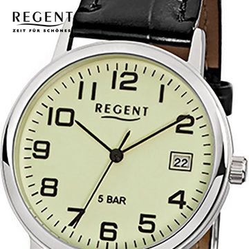 Regent Quarzuhr Regent Herren-Armbanduhr schwarz Analog, Herren Armbanduhr rund, mittel (ca. 34mm), Lederarmband