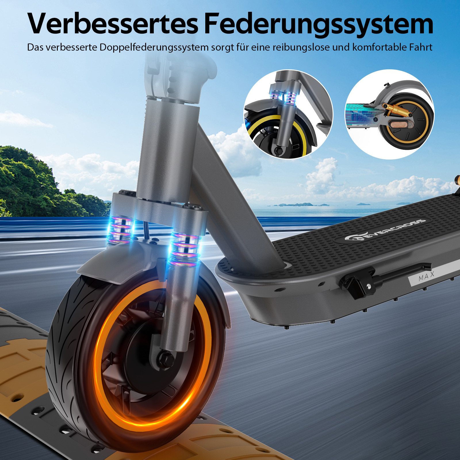EVERCROSS TECH E-Scooter mit Straßenzulassung (ABE), 10" Runflat Reifen, Blinker, mit APP, 15,6AH Akku, 80KM/150KM, Handtasche, LED-Display