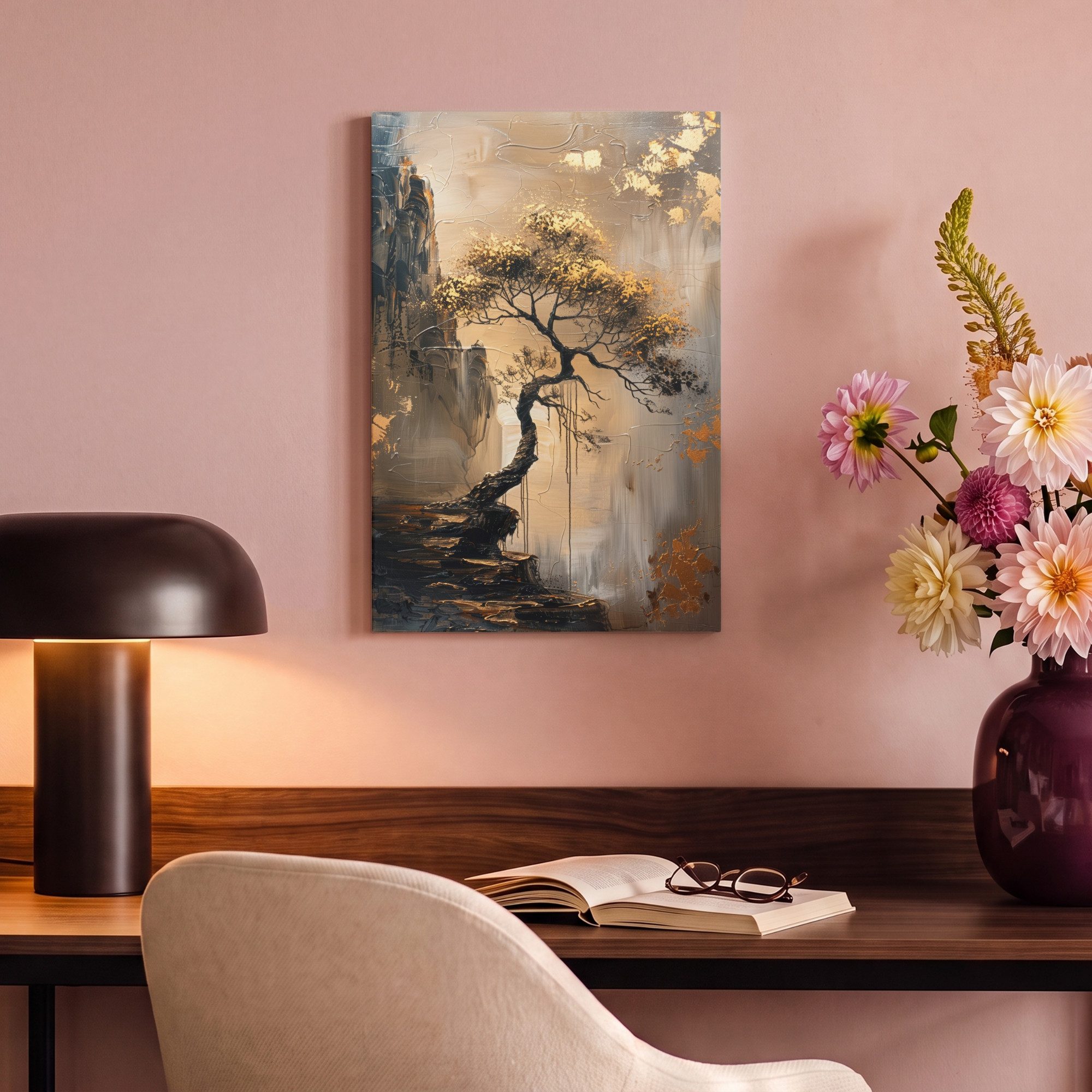OneMillionCanvasses® Leinwandbild Baum - Gold - Landschaft - Farbe, Fotodruck (1 St), Wandbild, Deko Schlafzimmer Wohnzimmer Flur 20x20 cm – Bild 4 von 5