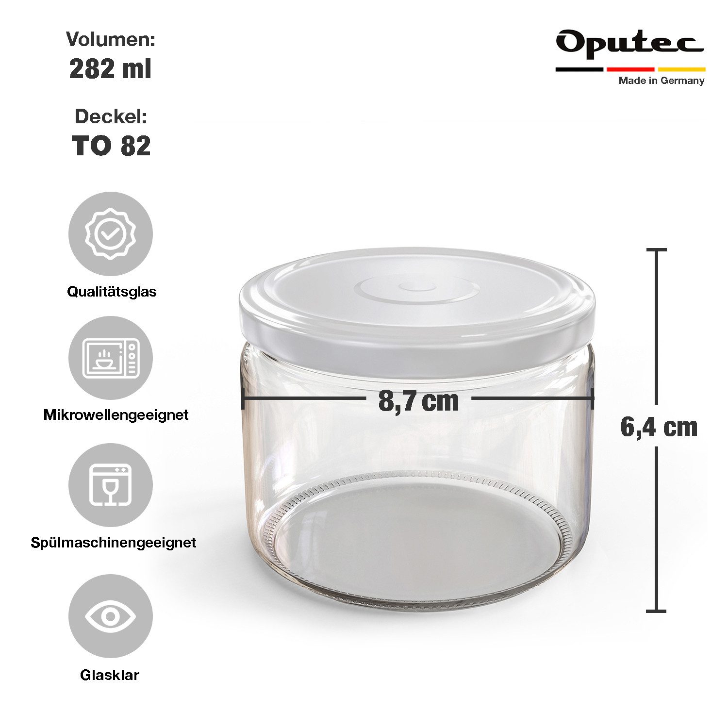 Oputec Einmachglas 24x 282ml Einmachgläser mit Schraubdeckel TO 82 Weiß Marmeladengläser, Glas/Metall
