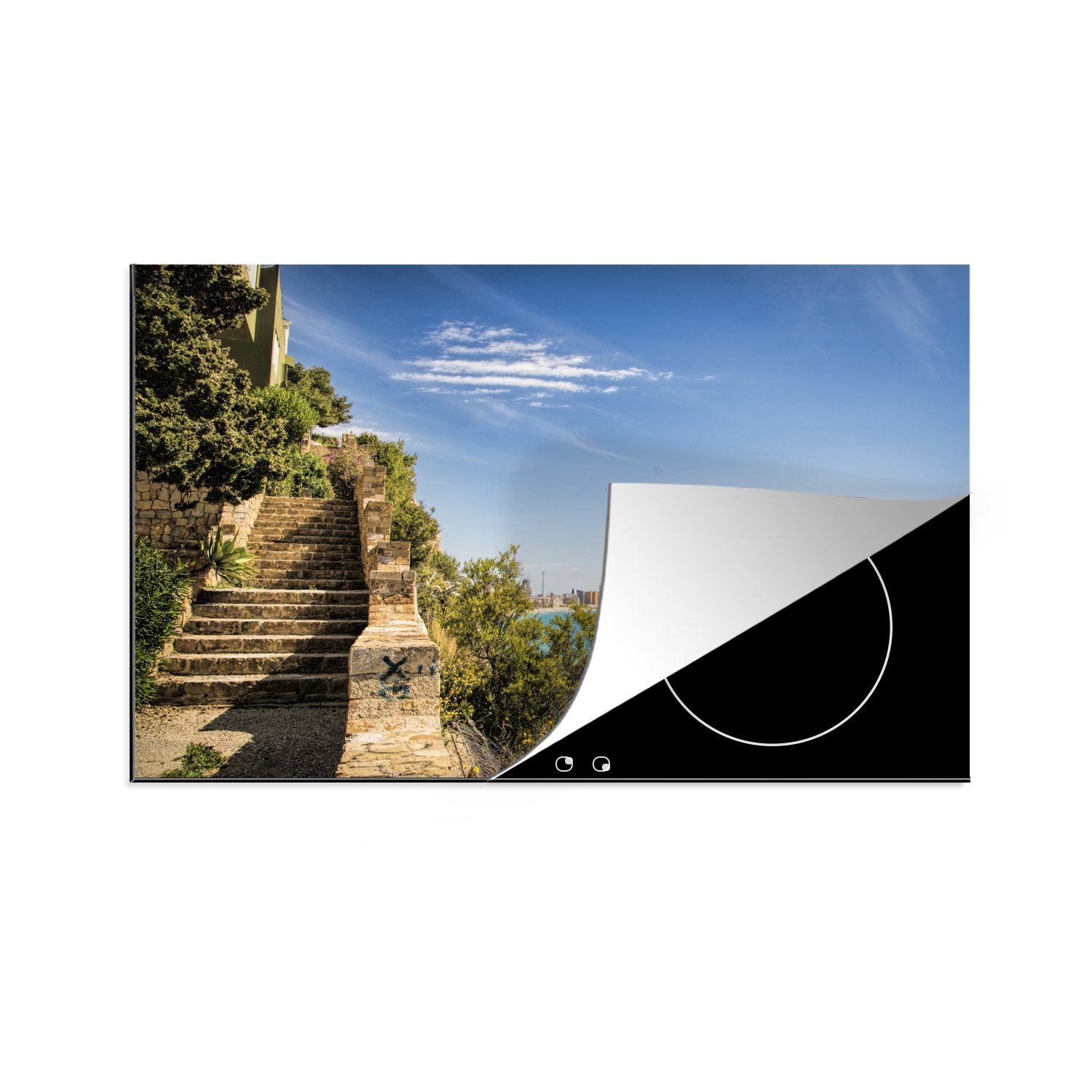 MuchoWow Herdblende-/Abdeckplatte Steine - Meer - Treppe, Vinyl, (1 tlg), 81x52 cm, Induktionskochfeld Schutz für die küche, Ceranfeldabdeckung