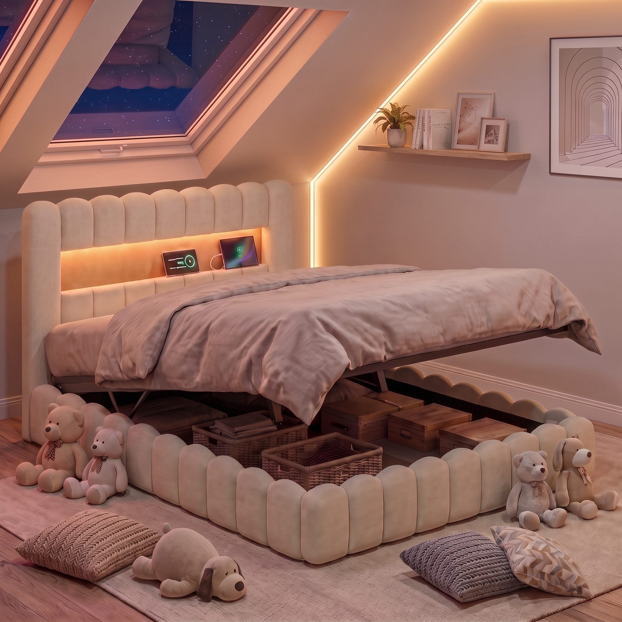 PXloue Polsterbett Doppelbett Jugendbett (ohne Matratze), Stauraumbett, Bettkasten, LED-Beleuchtung, USB-Anschluss, 180x200 cm