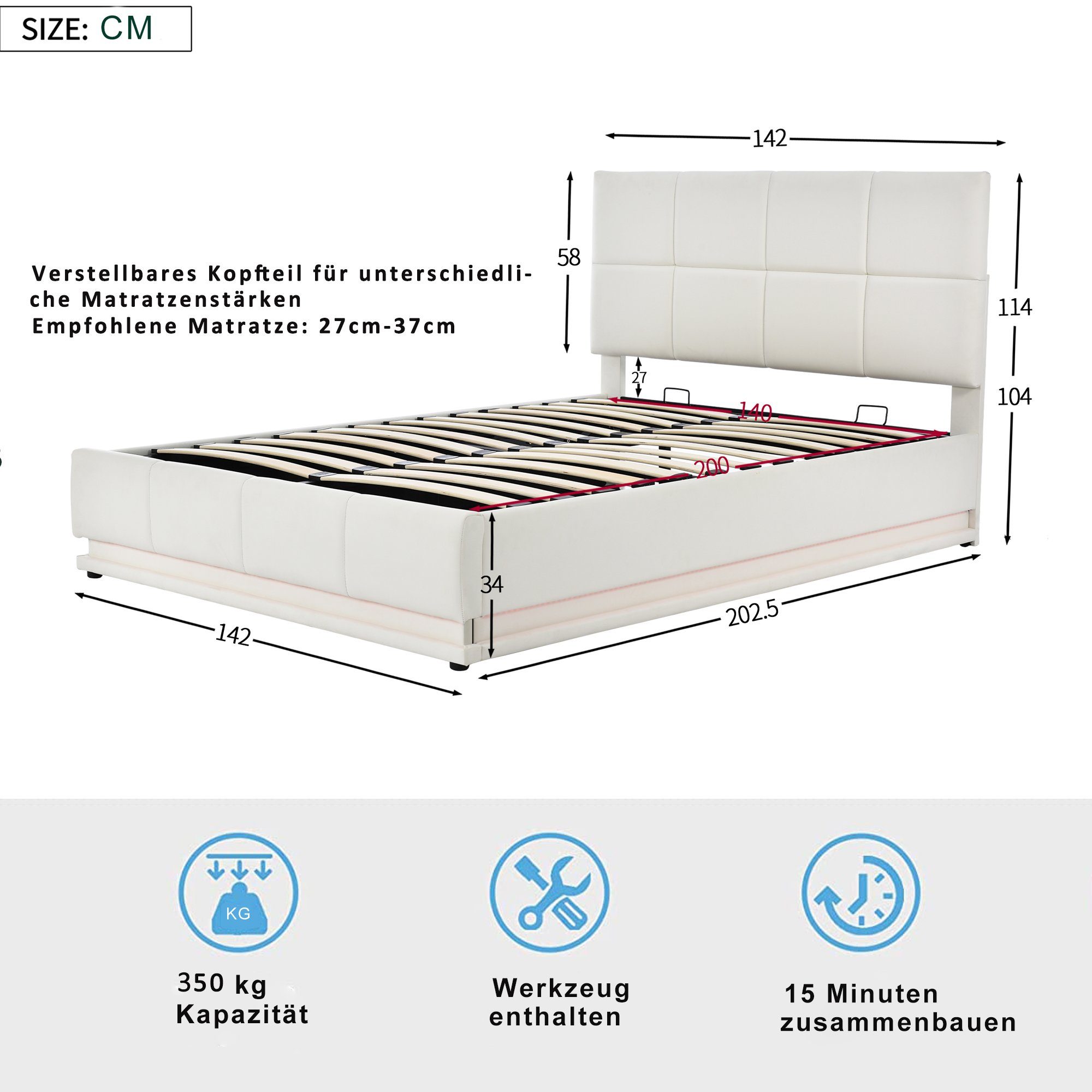 Flieks Polsterbett, Doppelbett 140x200cm Kunstleder LED hydraulisches Weiß