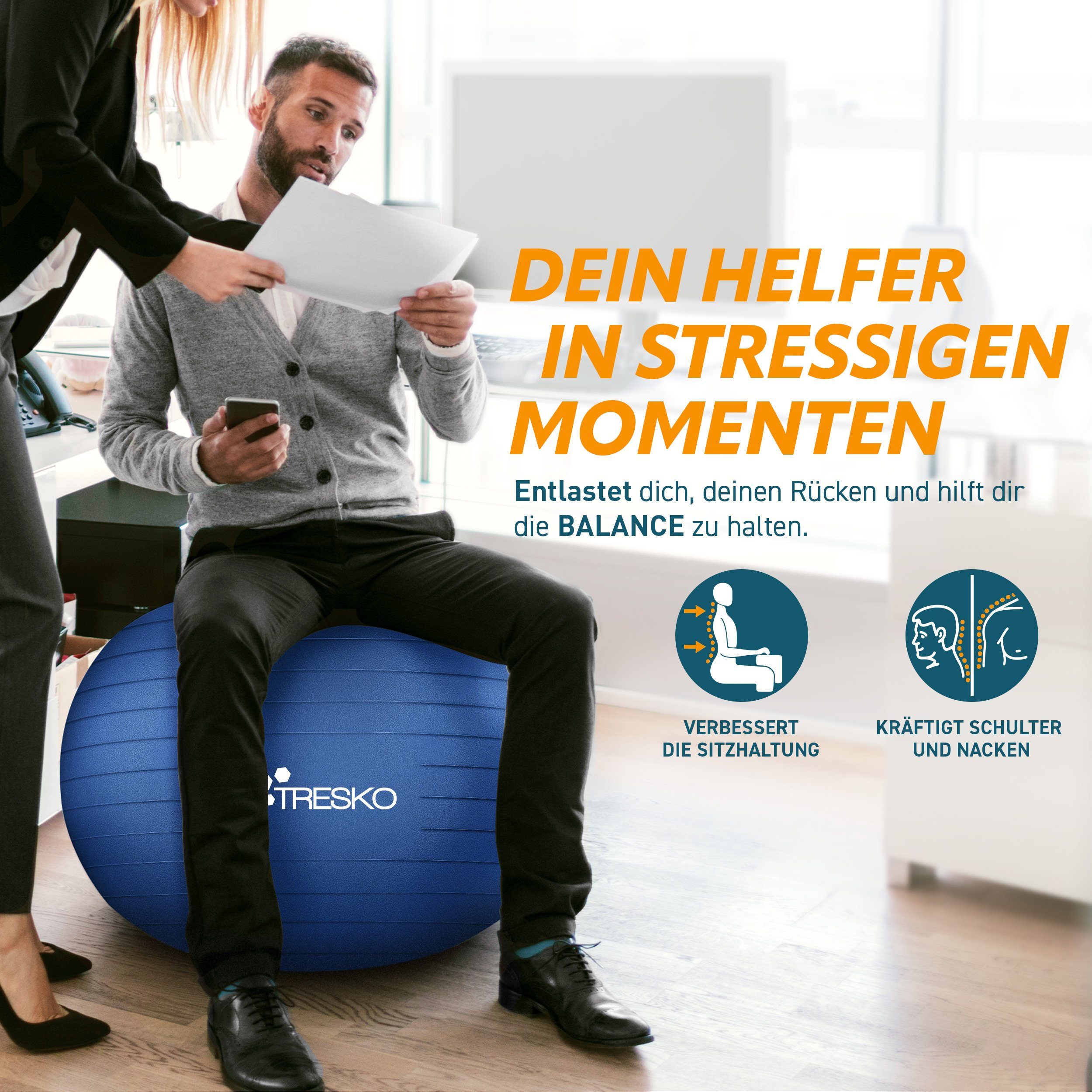 TRESKO Gymnastikball mit GRATIS Übungsposter inkl. Luftpumpe Yogaball, BPA-Frei Sitzball Büro Anti-Burst inkl. Luftpumpe, Fitnessball