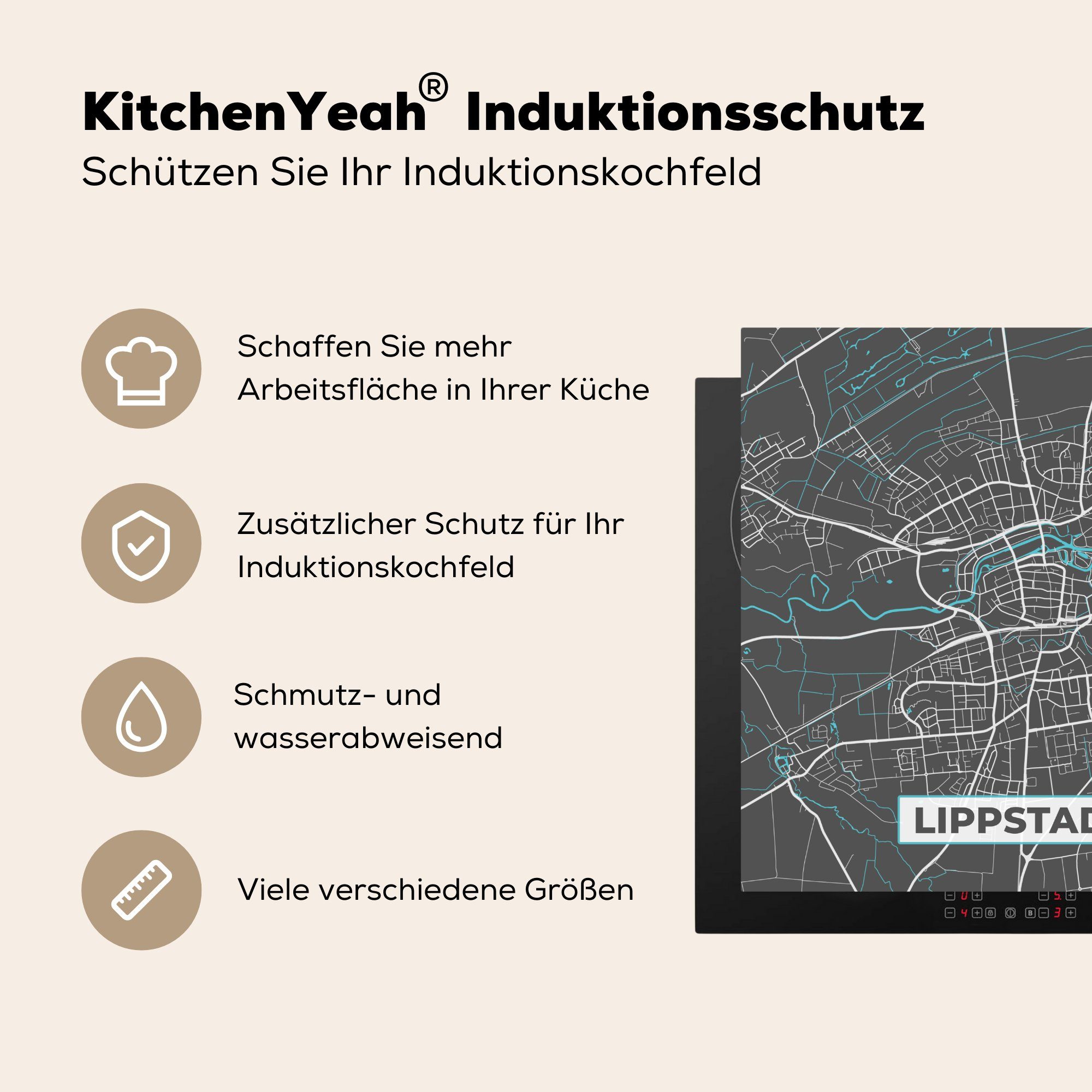 tlg), Ceranfeldabdeckung, Herdblende-/Abdeckplatte Stadtplan - MuchoWow 78x78 Karte, (1 küche cm, Vinyl, Arbeitsplatte Lippstadt - - Deutschland - Blau für