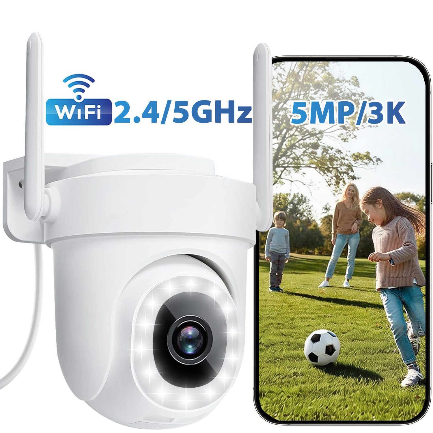 SWGOTA Überwachungskamera 2026 NEW Überwachungskamera Aussen 5MP/3K,355°/90°Schwenkbar Kamera (2,4/5GHz Dualband,Outdoor WLAN Sicherheitskamera,Farbnachtsicht, Automatische Verfolgung,2-Wege-Audio, Sirene,300 Lumen Scheinwerfer, mit KI Mensch/Tier, Farbnachtsicht, PTZ WLAN Überwachungskamera Aussen)