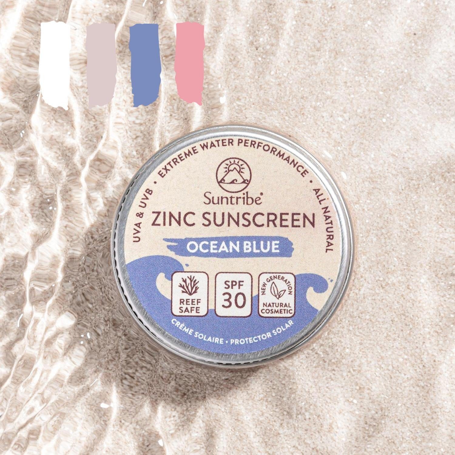 Suntribe Sonnenschutzcreme BIO Mineralisch Zinksonnencreme Gesicht & Sport LSF 30 Farbe Blau, 1 Aluminiumdose 15 g, 100% Natur