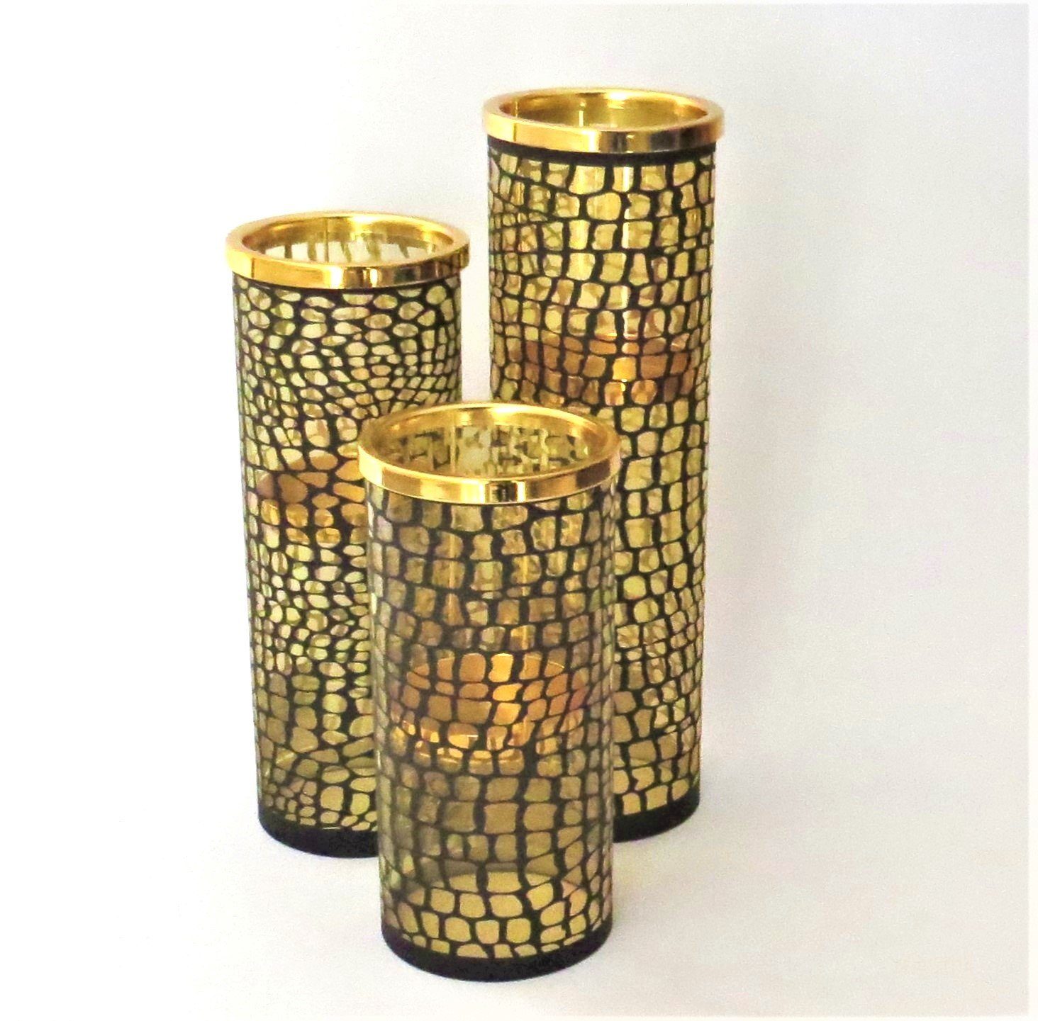 Mars & More Teelichthalter Teelichthalter Gold Säule Zylinder Kroko Schwarz Glas 25 cm