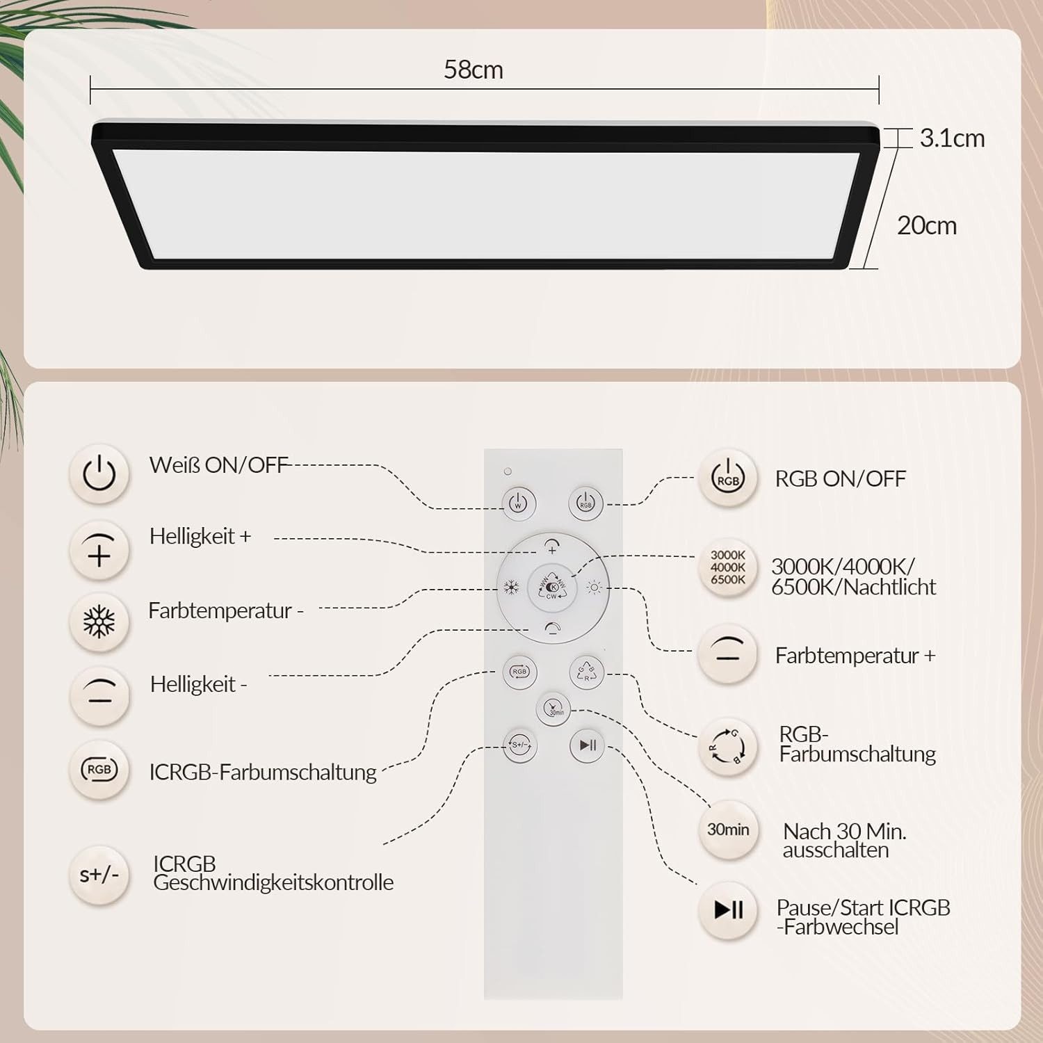 Nettlife LED Panel Schwarz/weiß 58x20 cm RGB dimmbar Deckenpanel Bürolampe 22W, LED fest integriert, Warmweiß Neutralweiß Kaltweiß, Farbwechsel Backlight für Werkstatt, Flur, Küche, Wohnzimmer