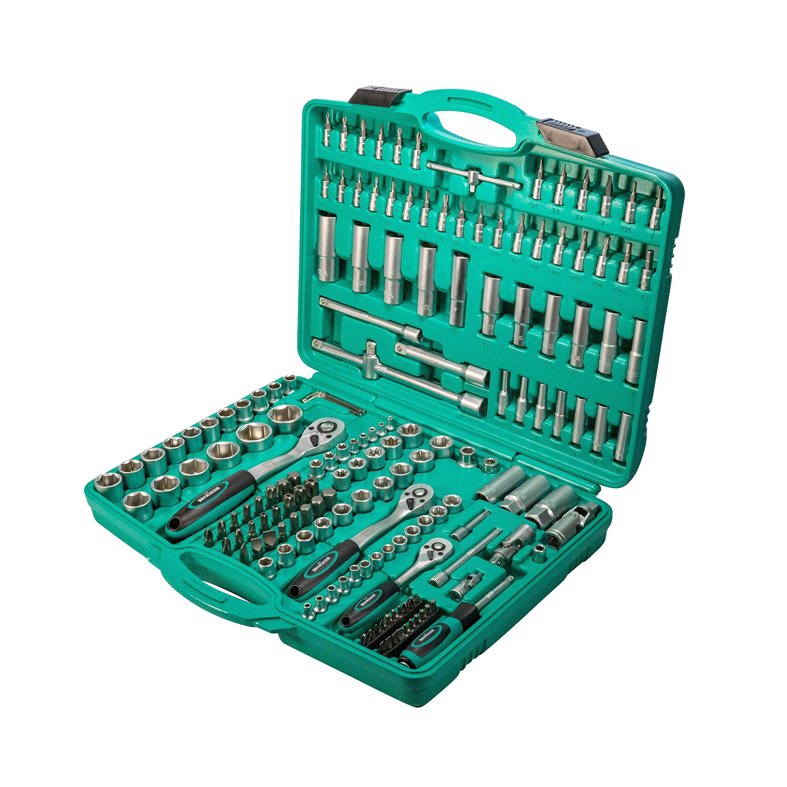 Wiesemann1893 Bit- und Steckschlüsselset, Set, 171-St., 1/2", 3/8" & 1/4" Antrieb im verschließbaren Transportkoffer, Umschaltknarre mit 72 Zähnen und Zweikomponentengriff