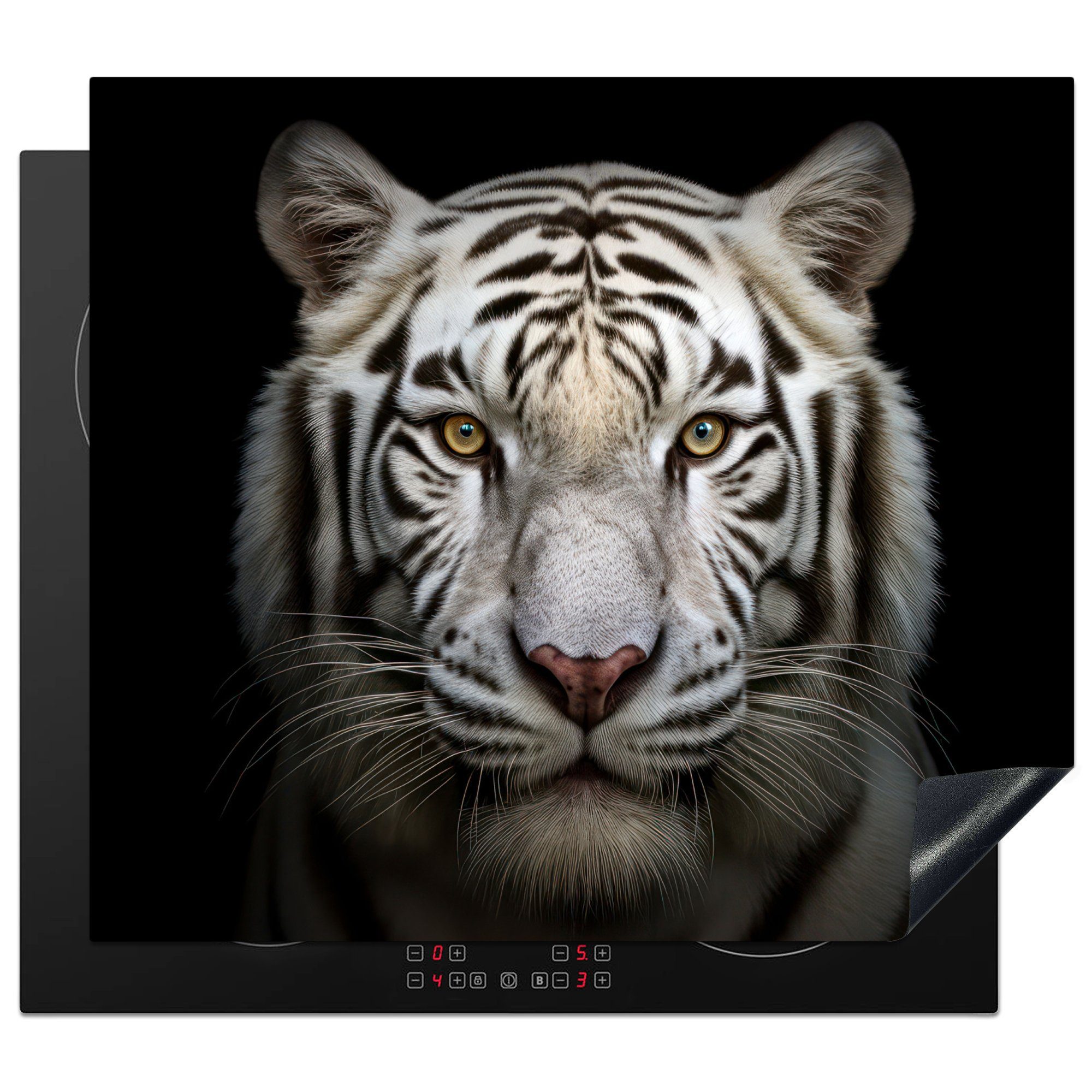 Tiere - Ceranfeldabdeckung nutzbar, Tiger - tlg), Schwarz, (1 Vinyl, Porträt 60x52 - Herdblende-/Abdeckplatte cm, Arbeitsfläche Mobile MuchoWow