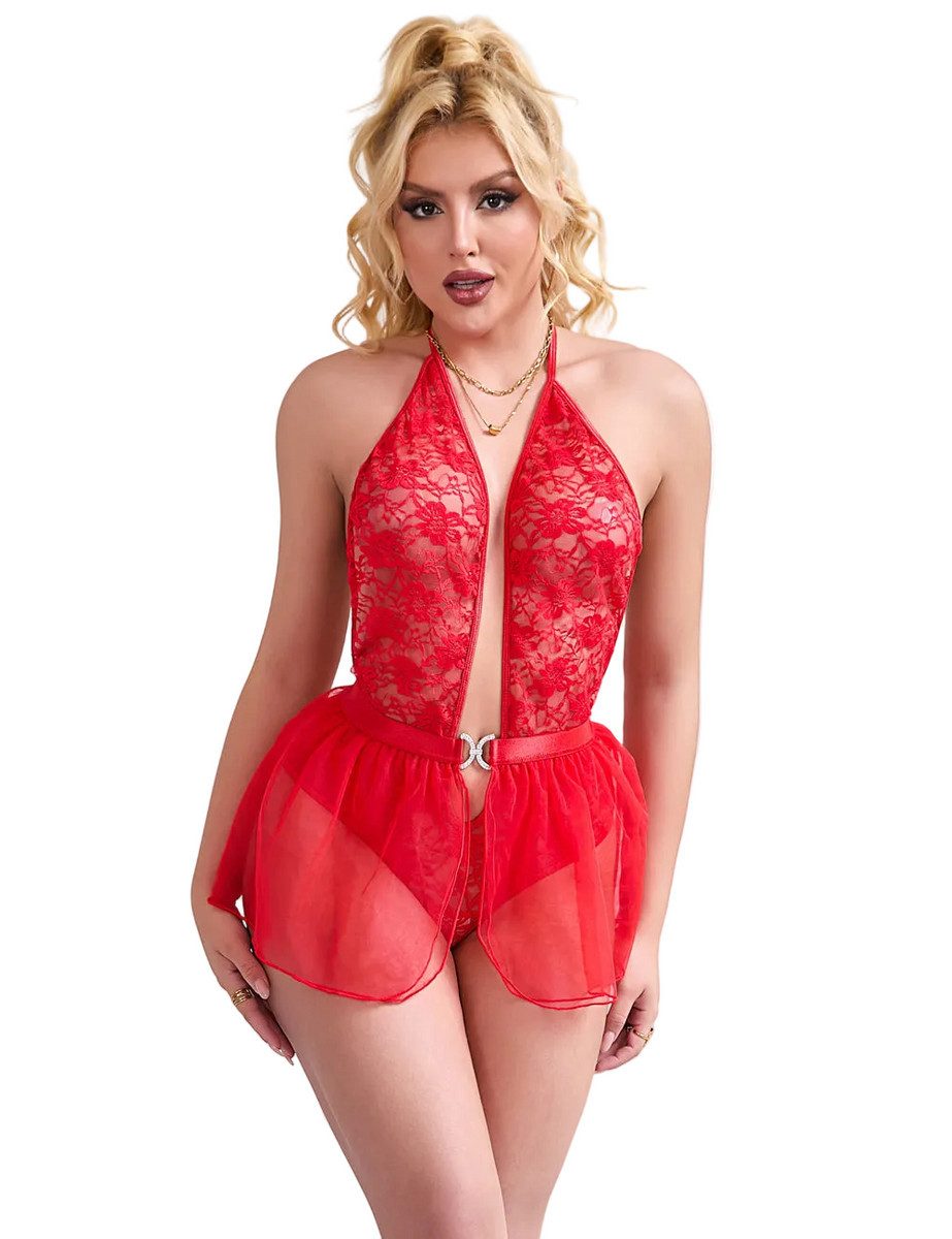 Lau-Fashion Body Damen Dessous Set mit Spitze und Mesh Mini Rock Unterwäsche M/XL (Set)