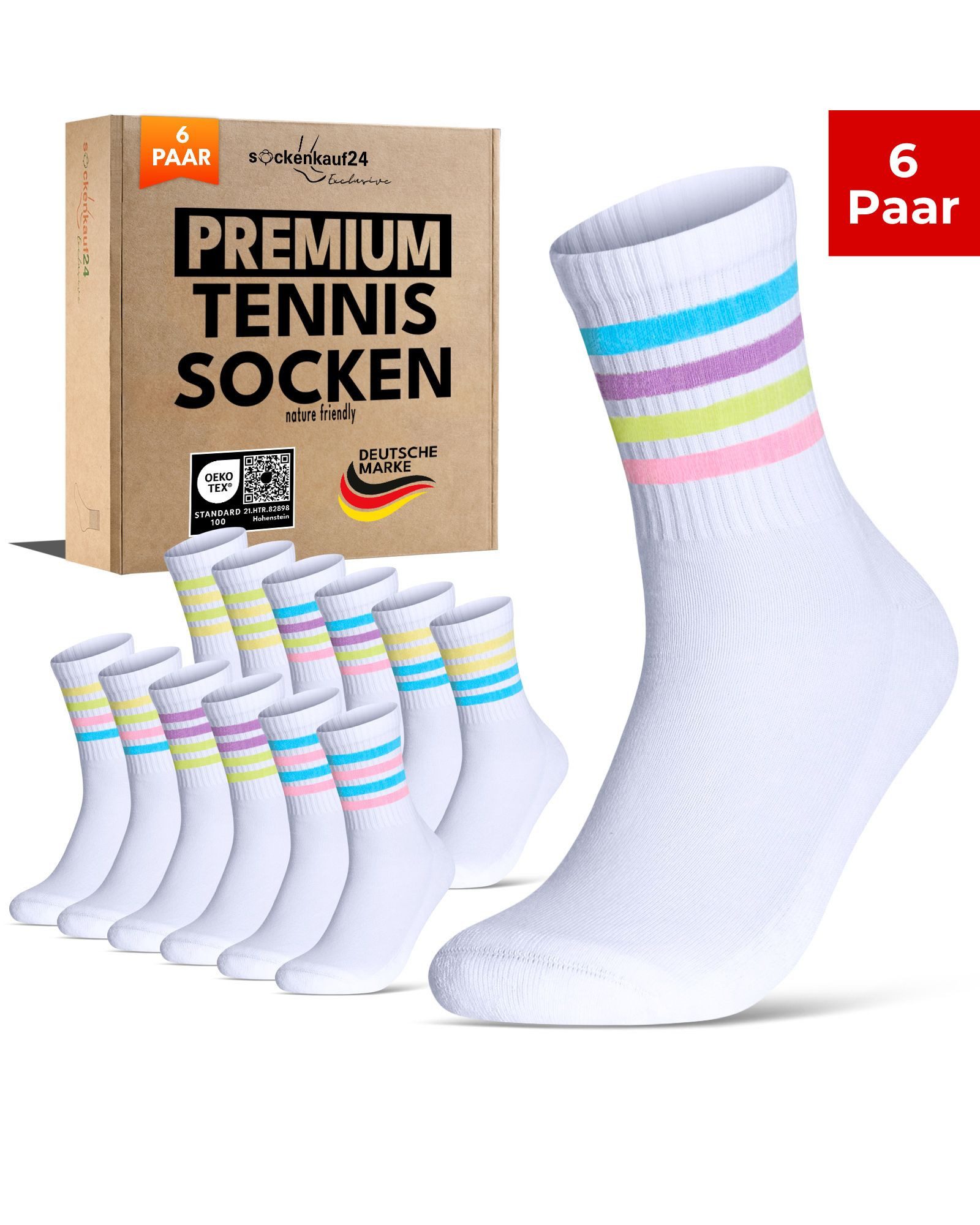 sockenkauf24 Tennissocken Damen Sportsocken Premium Retro Crew Socken mit Komfortbund (6-Paar) verstärkte Ferse & Fußspitze, gepolsterte Sohle, gekämmte Baumwolle