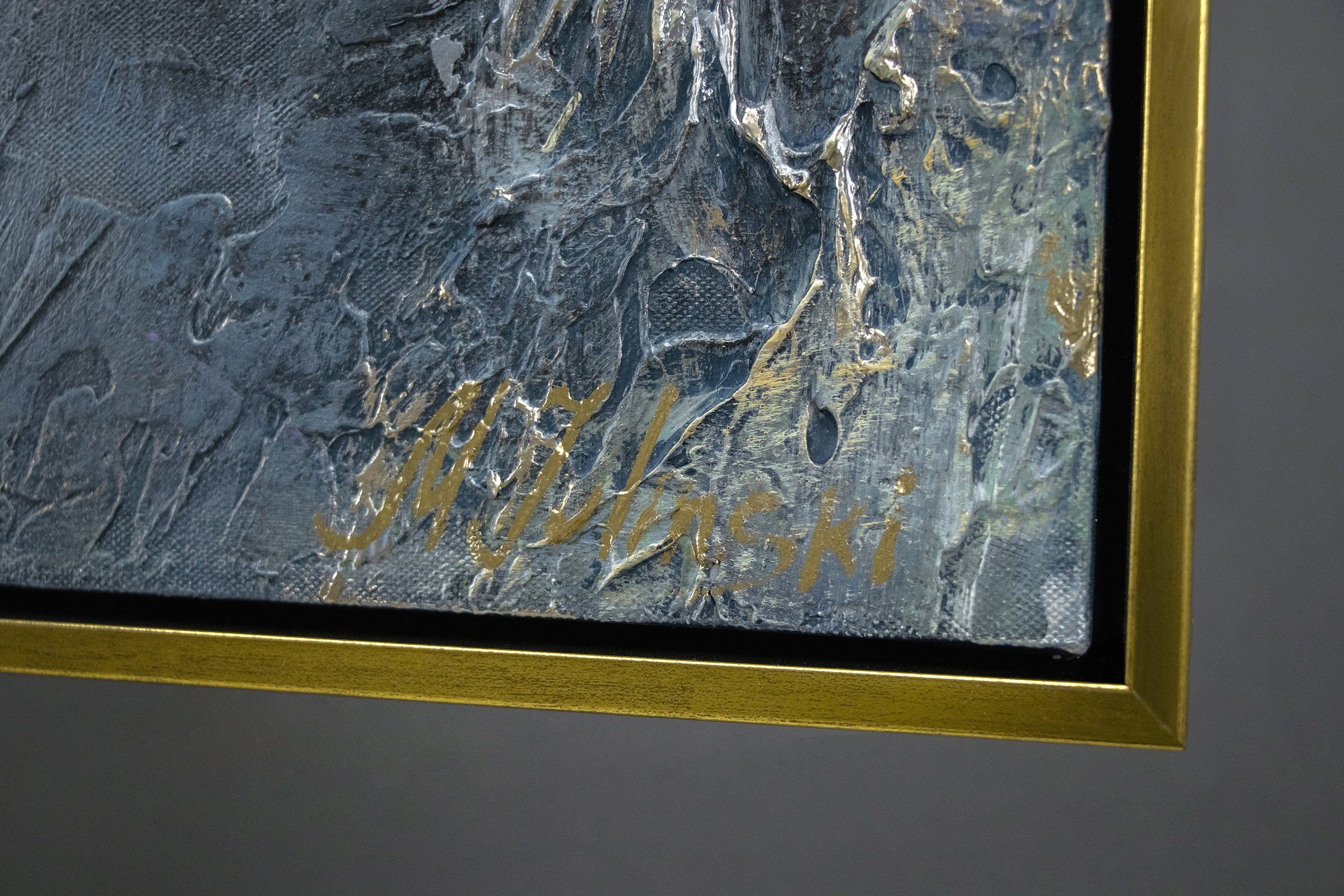 YS-Art Gemälde Spiegelungen II, mit in Leinwandbild Blau Rahmen und Gold Abstrakt