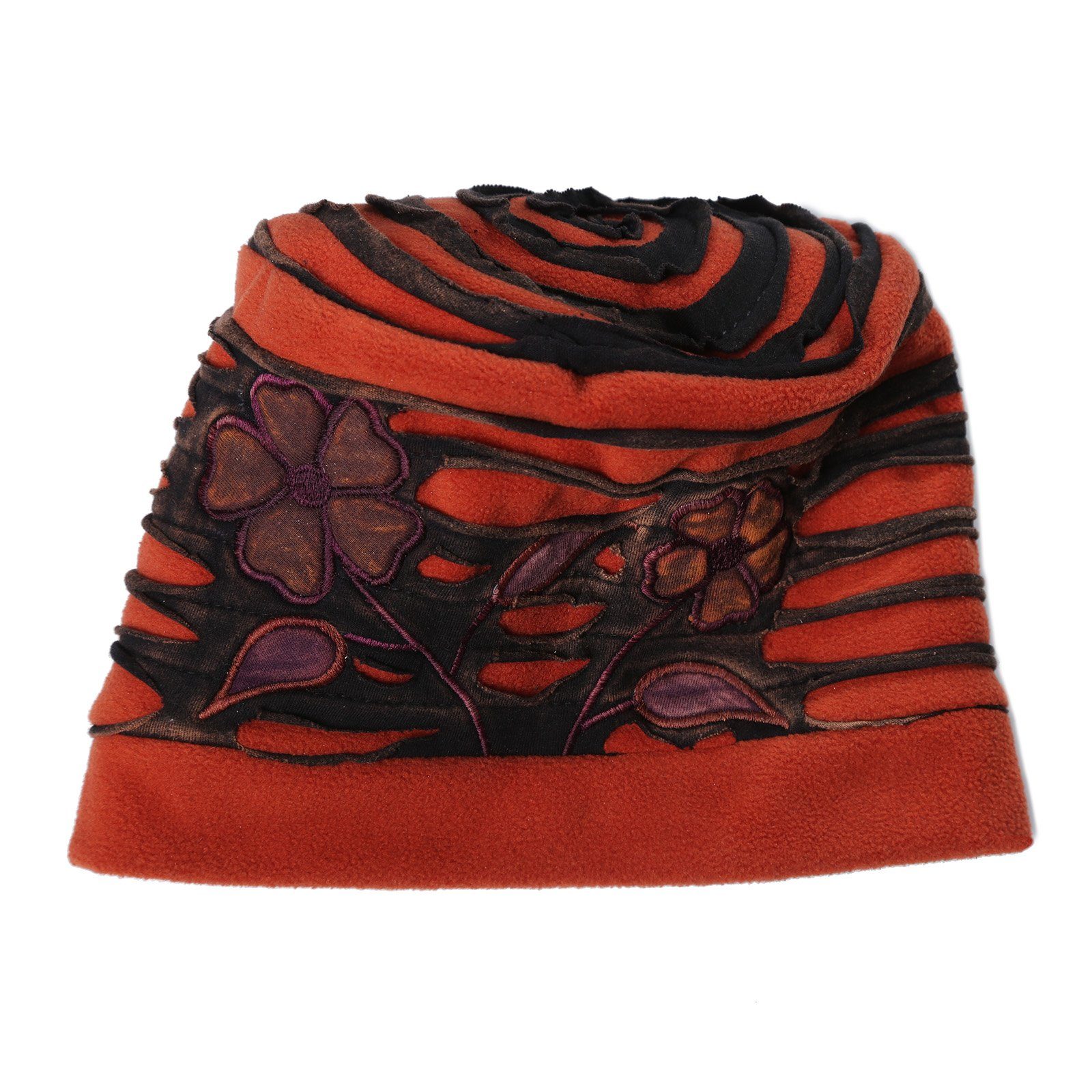 KUNST UND MAGIE Fleecemütze Cutwork Mütze "Flower" aus Fleece Hippie Goa Psy Beanie Orange