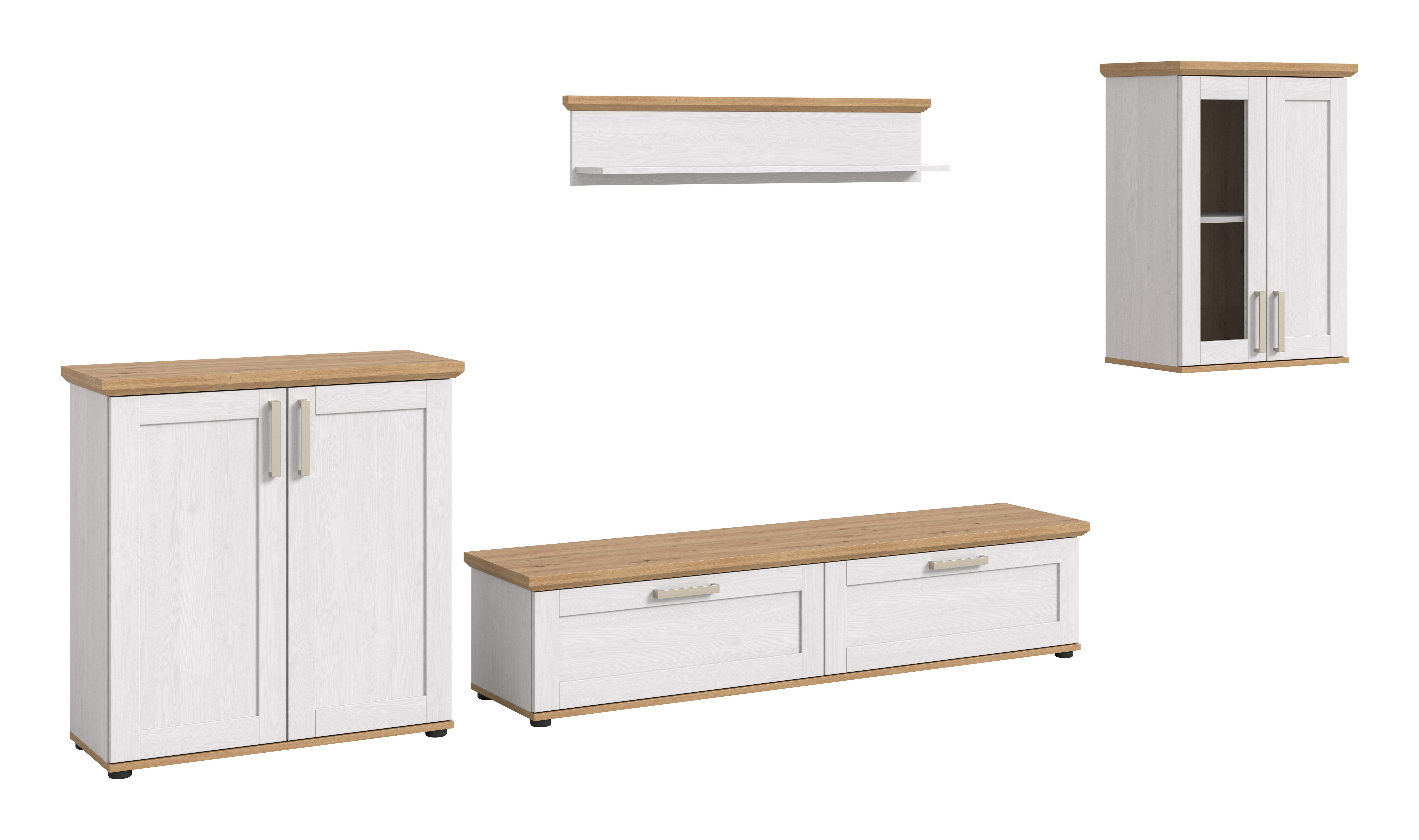 furnling Wohnzimmer-Set Viola, (4-St., bestehend aus Highboard, Lowboard, Vitrine, Wandboard), Wohnzimmerschränke, Absetzungen in Artisan Eiche, Breite 336 cm