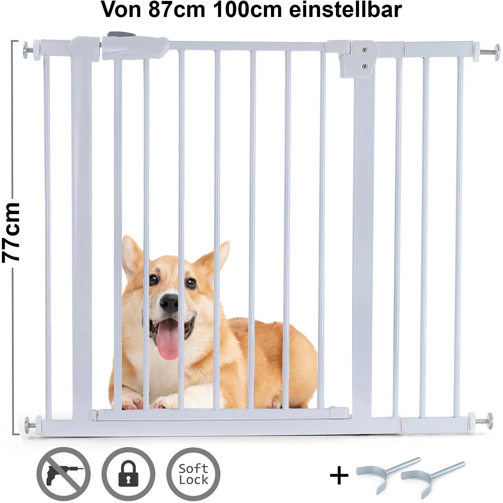 RAMROXX Treppenschutzgitter Absperrgitter Treppenschutz Metall weiß + Y Halter 87 -100cm 77cm