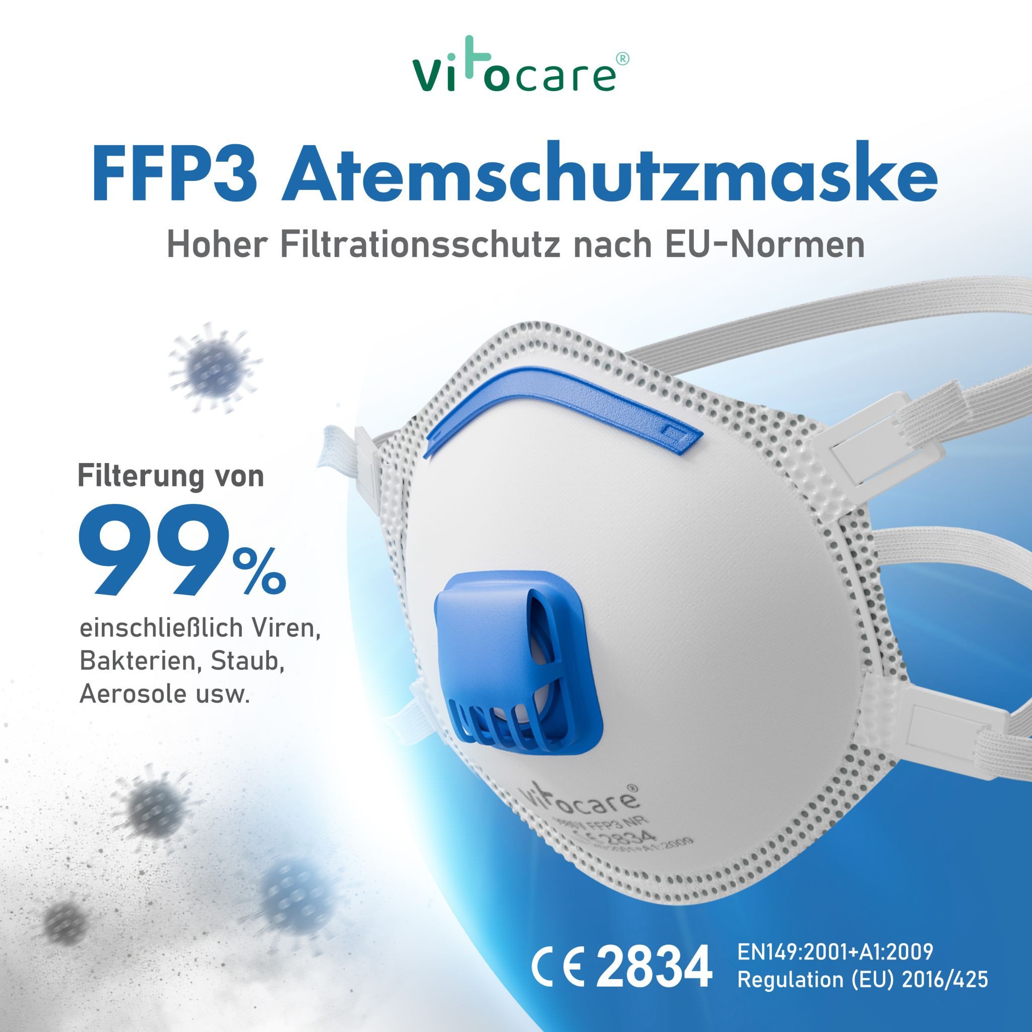 Vitocare Staubfilter FFP3 Maske mit Ventil, Atemschutzmaske CE, 5/10/20 Stk., FFP3 Atemschutzmaske mit Ventil