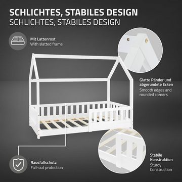 ML-DESIGN Kinderbett Hausbett mit Rausfallschutz, Dach und Lattenrost Massivholz, Bett 80x160 cm Weiß aus massivem Kiefernholz für Mädchen Jungen