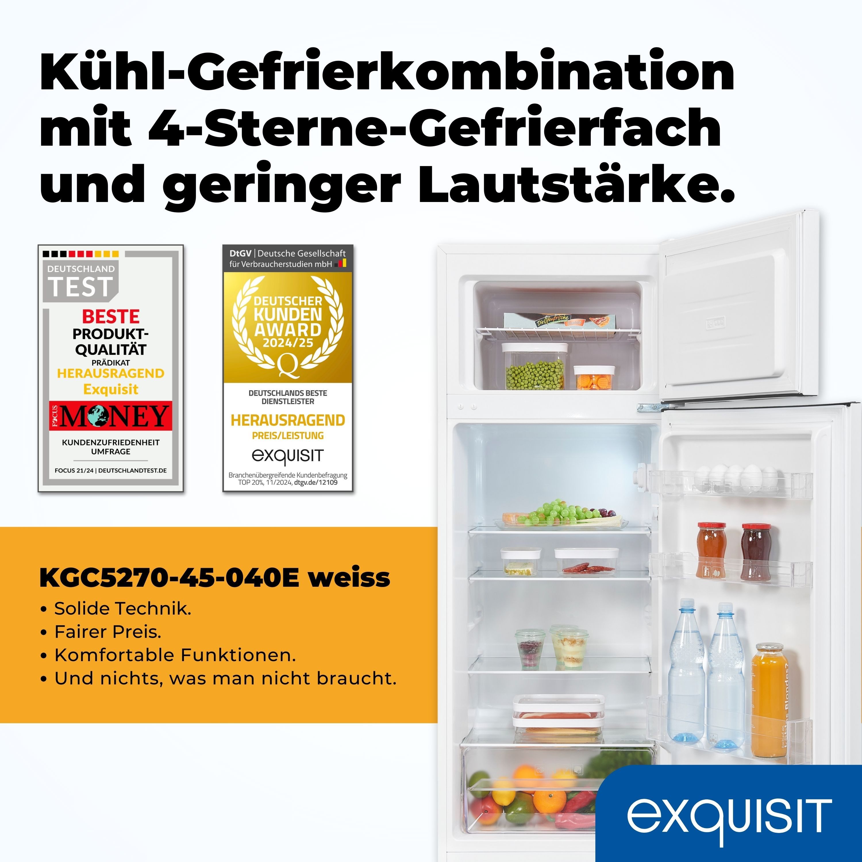 exquisit Kühl-/Gefrierkombination KGC5270-45-040E, 143 cm hoch, 55 cm breit, 4-Sterne-Gefrierfach, kompakt, effizient