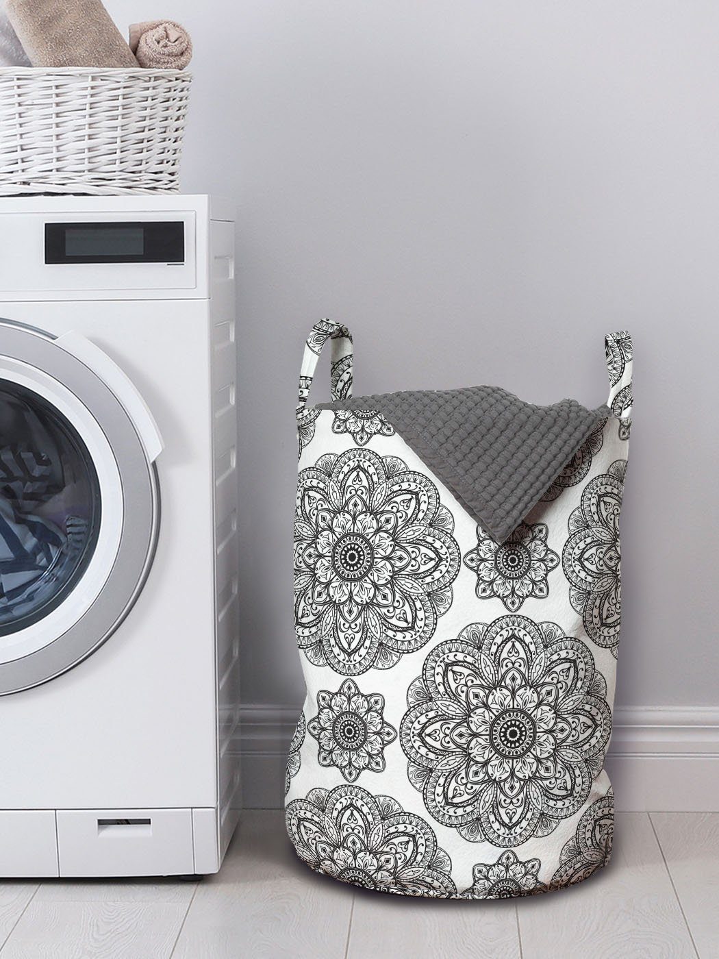 Abakuhaus Wäschesäckchen Wäschekorb für Schwarz Mandala Kordelzugverschluss Aufwändige Waschsalons, Patterns Griffen mit