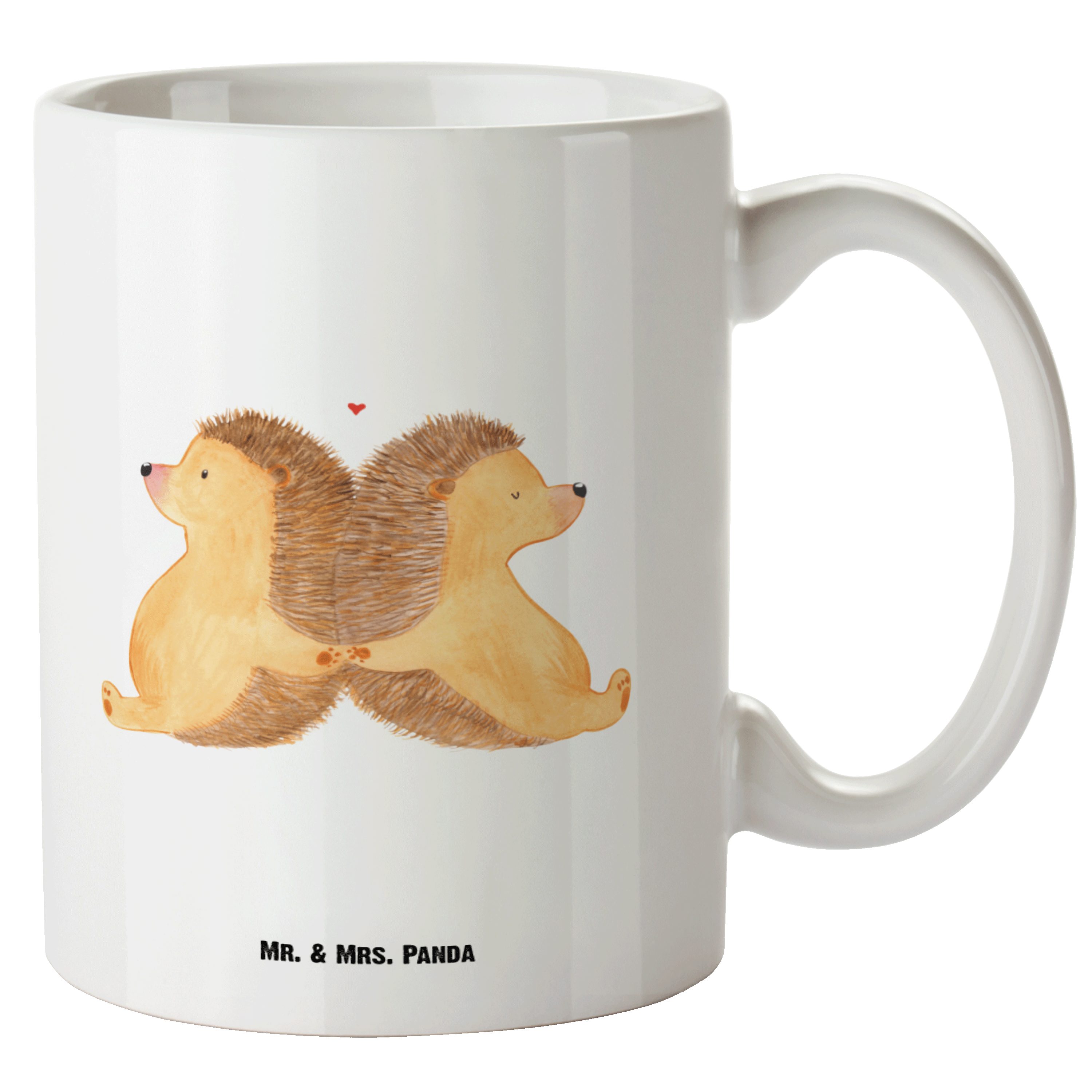 Mr. & Mrs. Panda Tasse Igel händchenhaltend - Weiß - Geschenk, XL Teetasse, Lieblingsmensch, XL Tasse Keramik