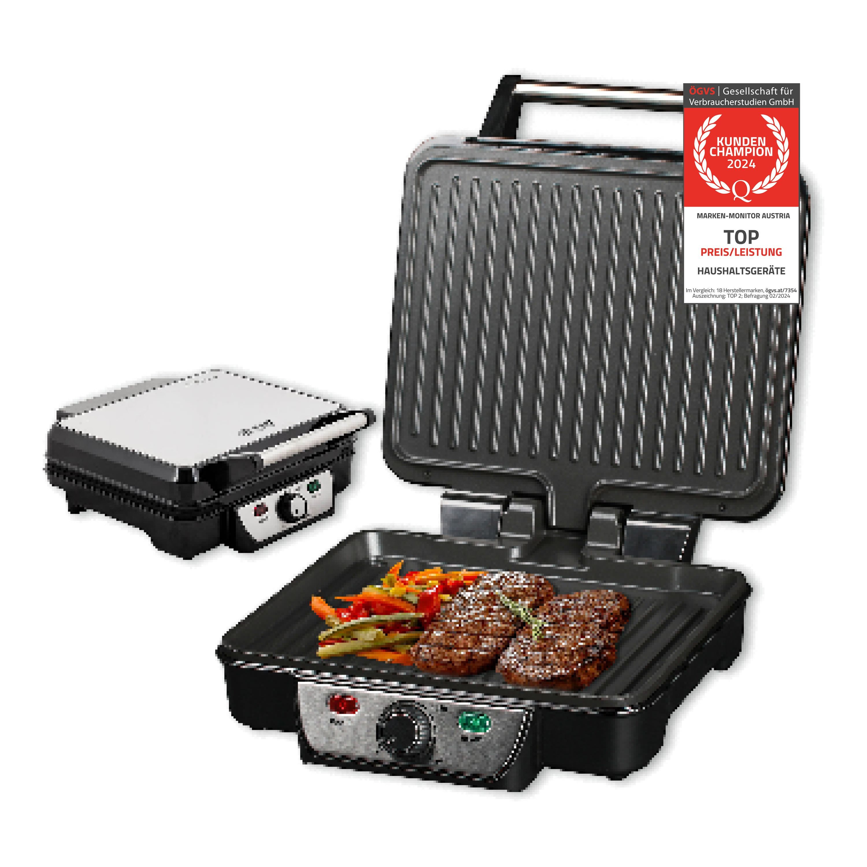 TZS FIRST AUSTRIA Kontaktgrill Kontaktgrill, Tischgrill, Elektrogrill, Grillplatte, 1800 W, Thermostat, Edelstahl, 1800W, für Fleisch & Gemüse, 180-Grad-Öffnung