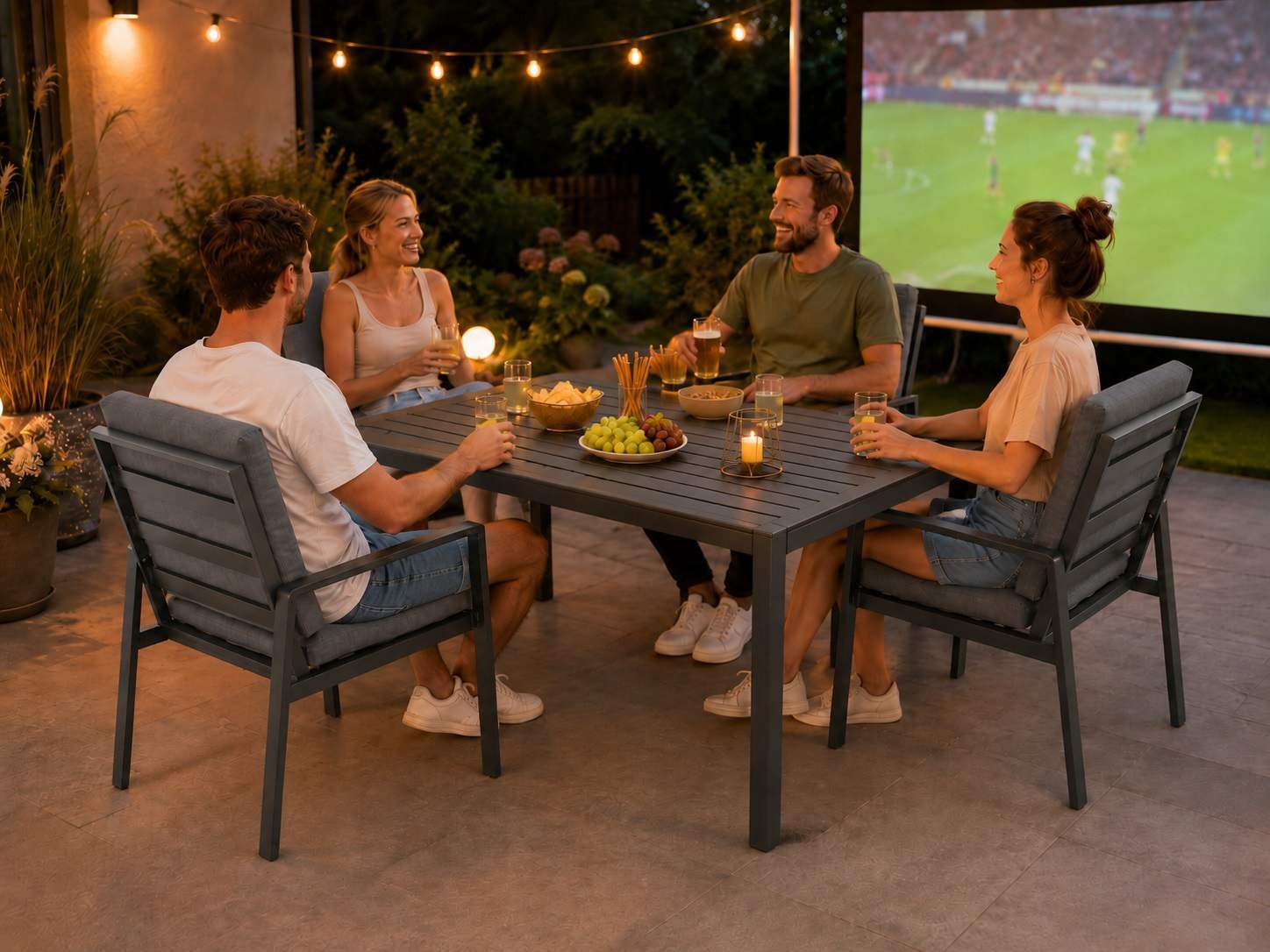 MeXo Gartenlounge-Set Gartenmöbel Set aus Aluminium mit Esstisch, (wetterfest, hoher Sitzkomfort, 5-tlg., bis 140 kg belastbar), mit pflegeleichte Polywood-Tisc – Bild 3 von 5