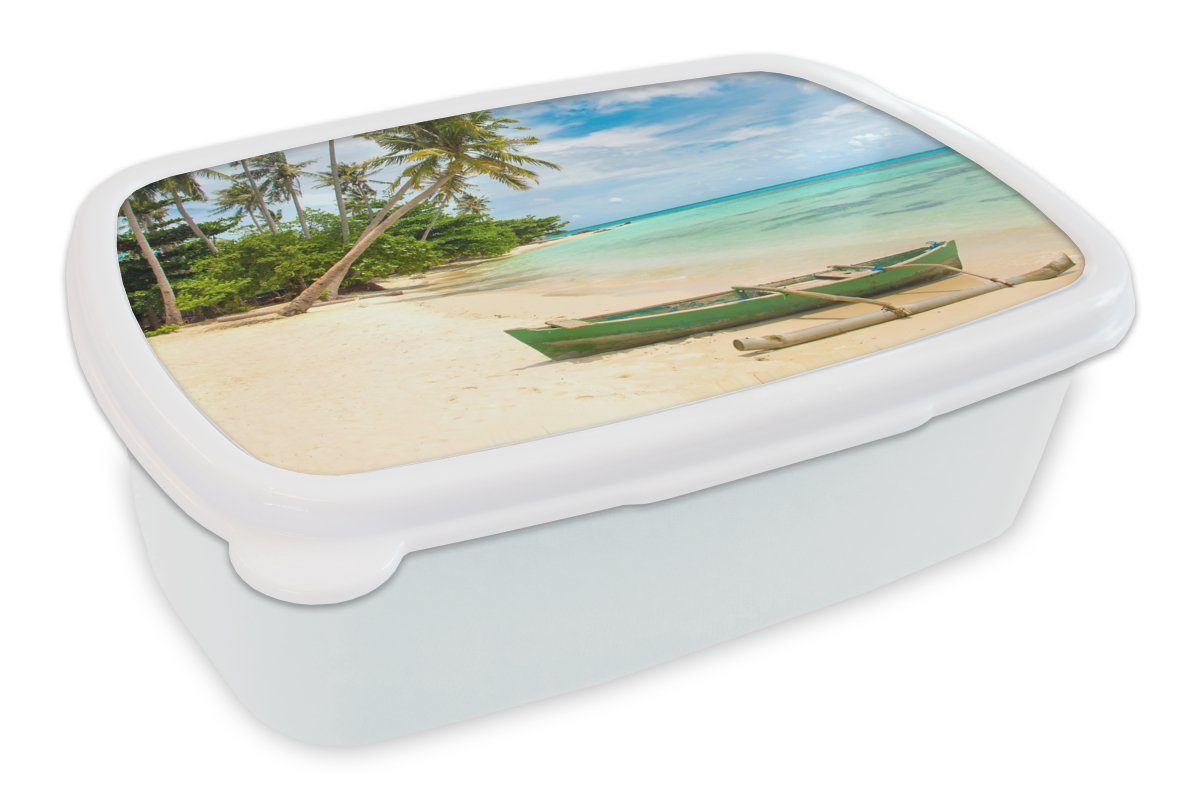 MuchoWow Lunchbox Strand - Kanu - Palme - Tropisch, Kunststoff, (2-tlg), Brotbox für Kinder und Erwachsene, Brotdose, für Jungs und Mädchen weiß