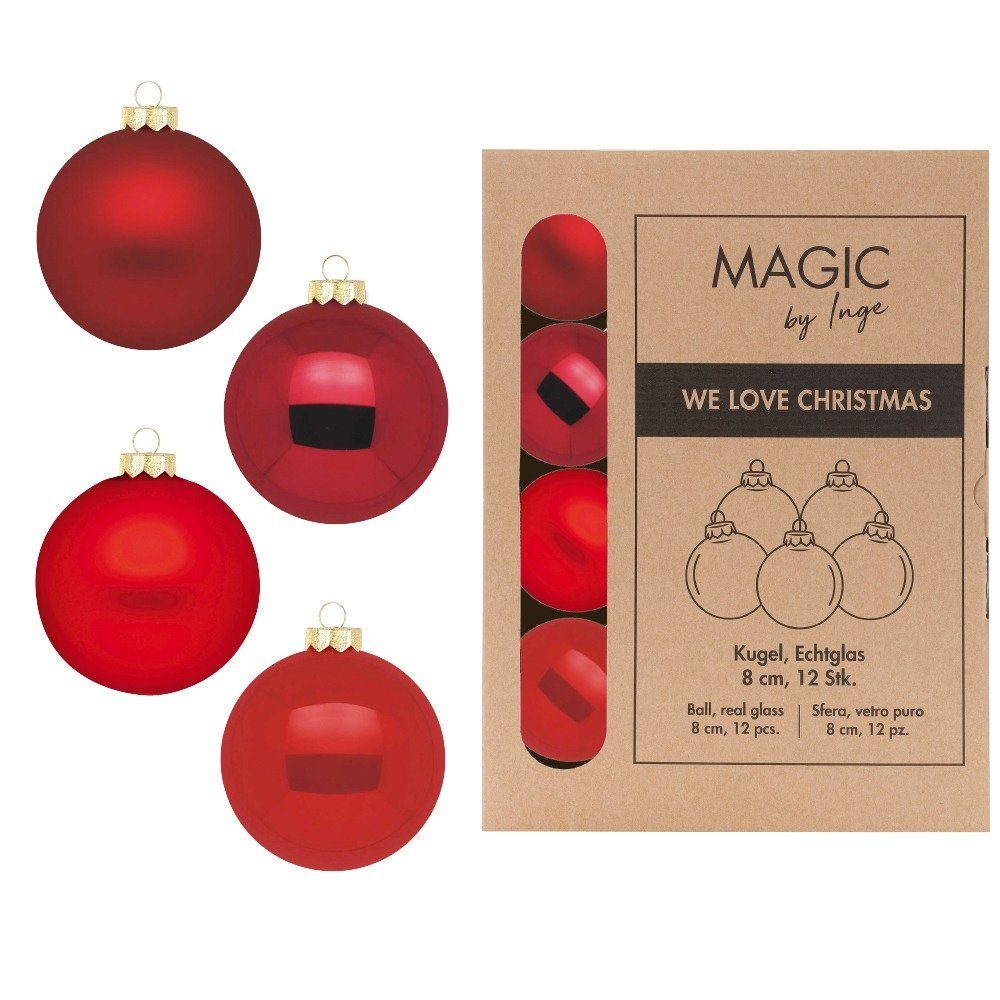MAGIC by Inge Weihnachtsbaumkugel, Weihnachtskugeln Glas 8cm 12 Stück - Ruby Red