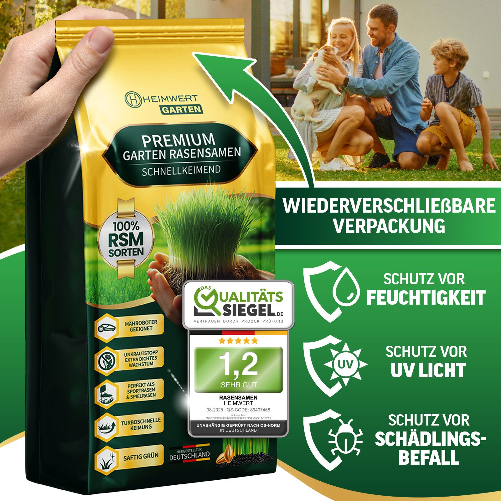 HEIMWERT Rasensamen schnellkeimend Sommer Turbo - Premium Grassamen 1/3/5/10 kg, 1 kg, Sport und Spiel aus hochwertigster Gräser Mischung