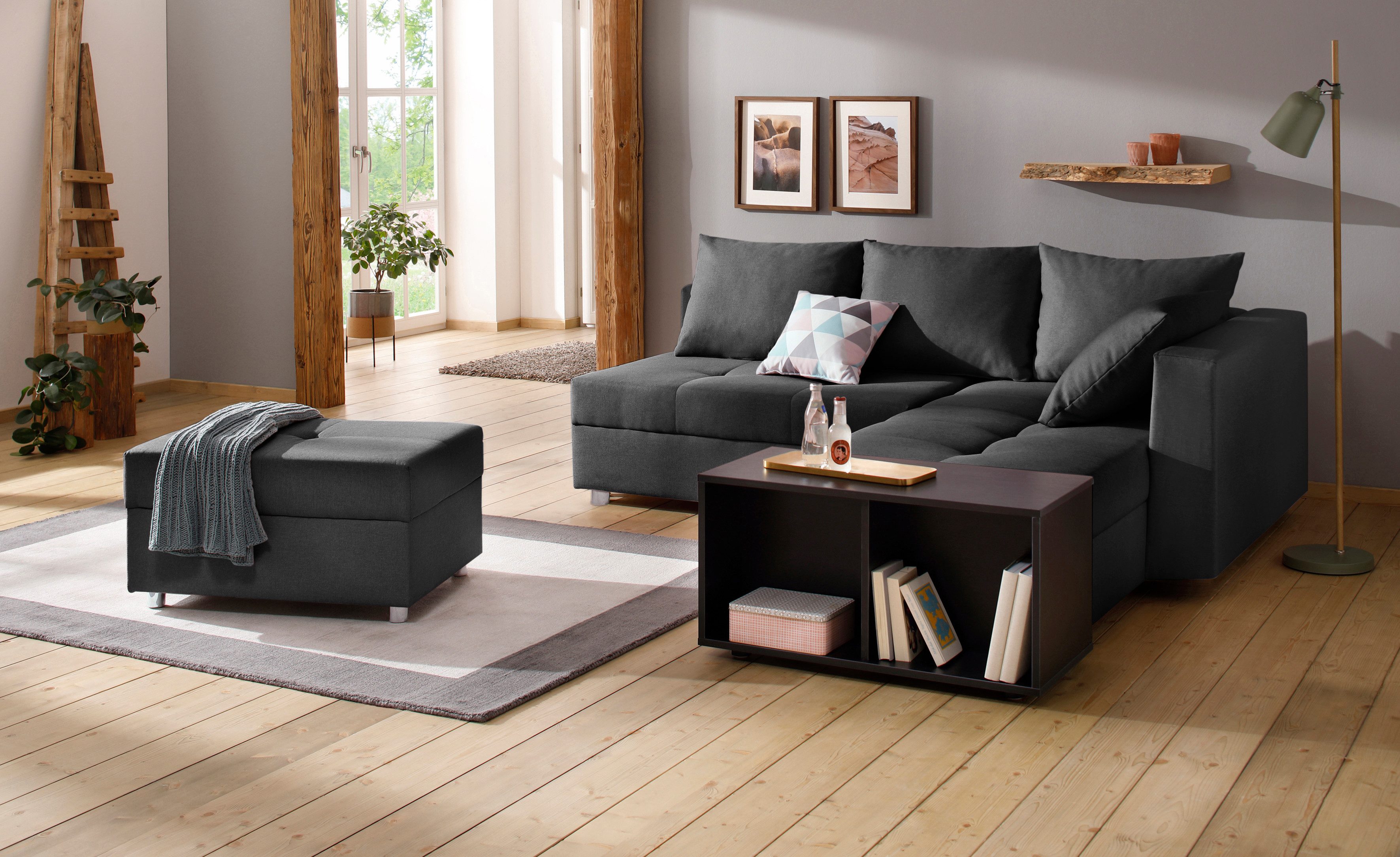 Home affaire Ecksofa Italia L-Form, B: 217 cm, Schlaffunktion, Bettkasten & 1 Zierkissen, Federkern