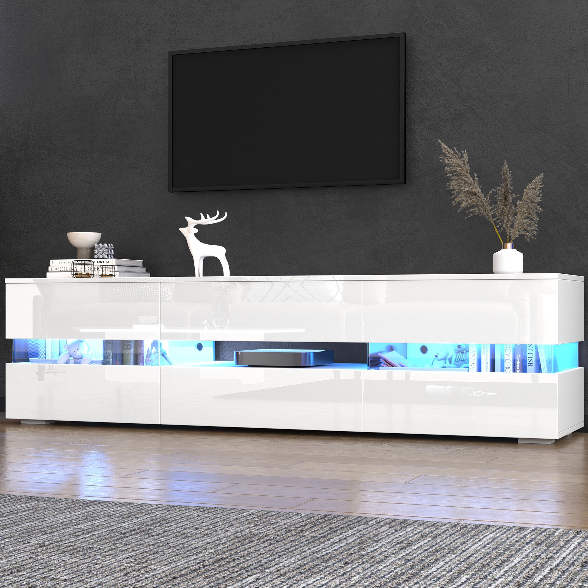 Merax Lowboard Hochglanz mit LED-Beleuchtung & Push-to-Open (für Fernseher bis 70 Zoll, 1 St), TV-Schrank mit 2 Türen, 1 Schublade & Acrylglaseinsatz, 160x39x45cm