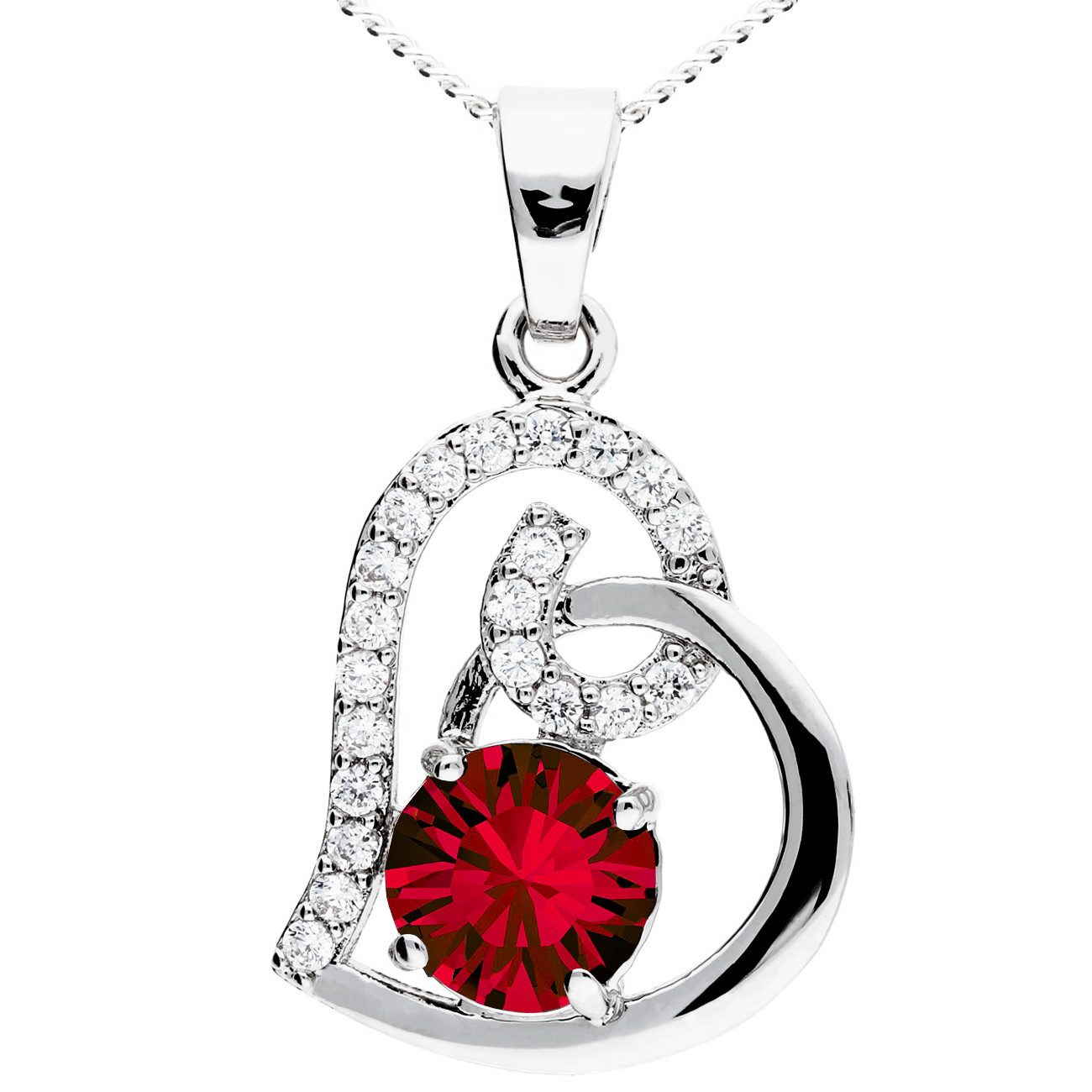 Kette mit Anhänger 18K Weißgold vergoldet Kette Zirkonia Steine Herz Anhänger silber rot