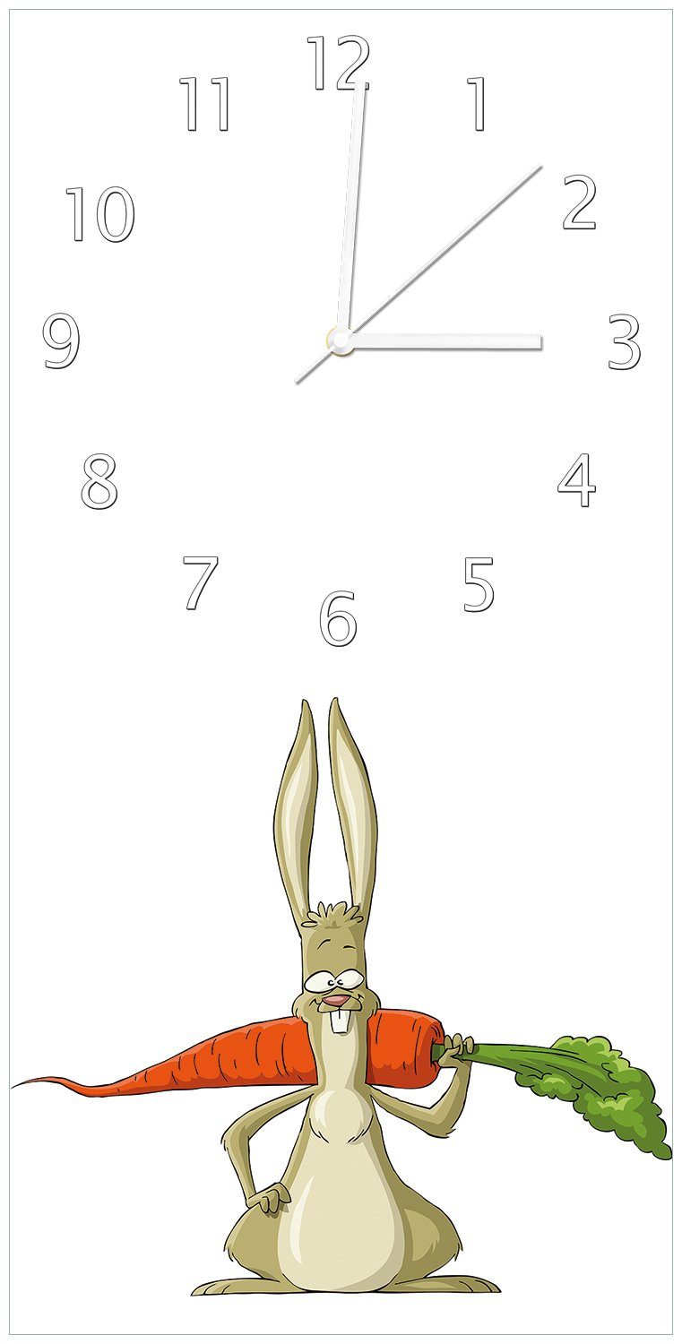 Wallario Wanduhr Lustiger Hase mit Möhre im Comic Stil (Uhr aus Acryl)