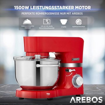 Arebos Küchenmaschine 1500W, Knetmaschine mit 2x Edelstahl-Rührschüsseln, Geräuscharm, 1500 W, 5,50 l Schüssel