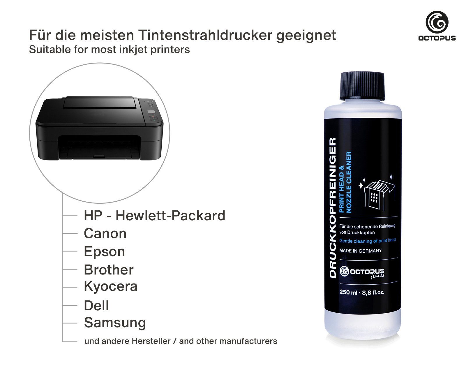OCTOPUS Fluids Düsenreiniger Druckkopfreiniger für Druckköpfe Nachfülltinte (für Epson, Canon, HP, Brother, Set, 0x 250 ml, Made in Germany)